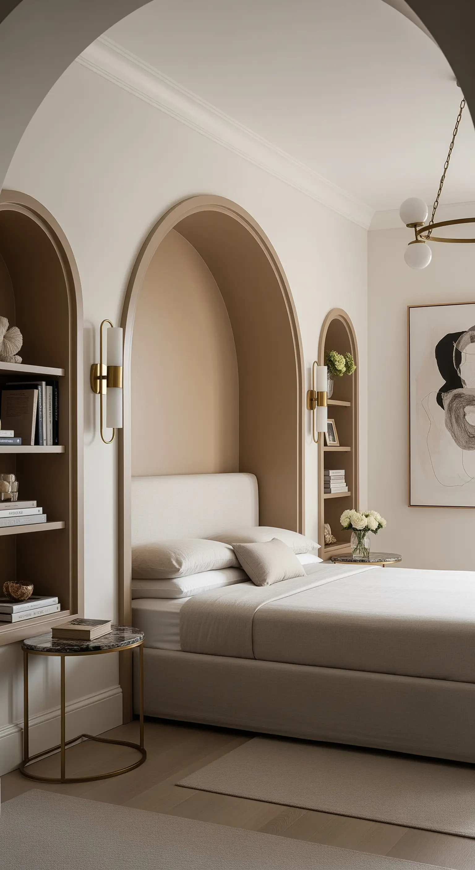 Schlafzimmer, bei dem das Bett in einer eleganten, bogenförmigen Wandnische steht.