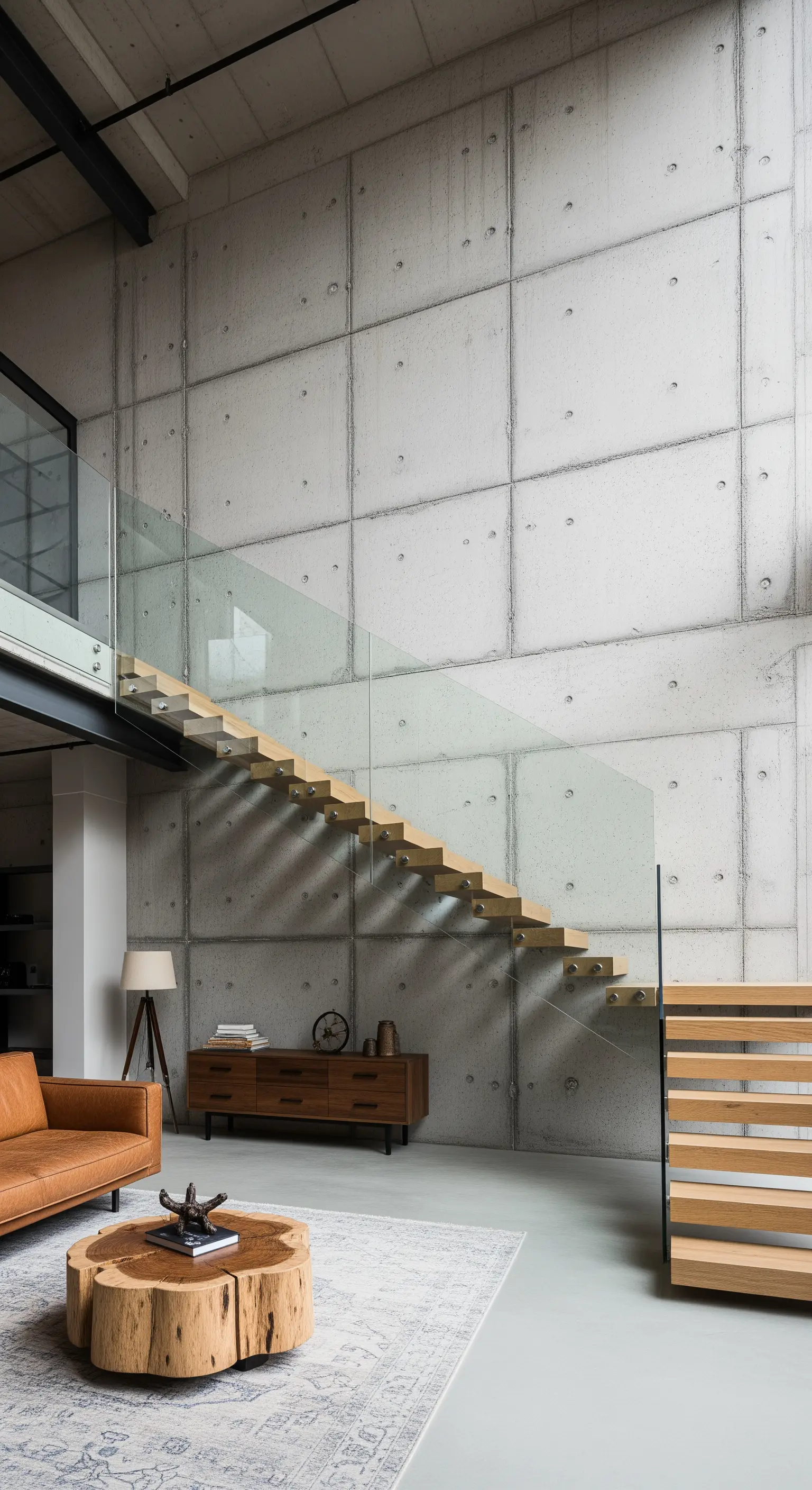 Loft mit hoher Betonwand, schwebender Holztreppe und Ledersofa.