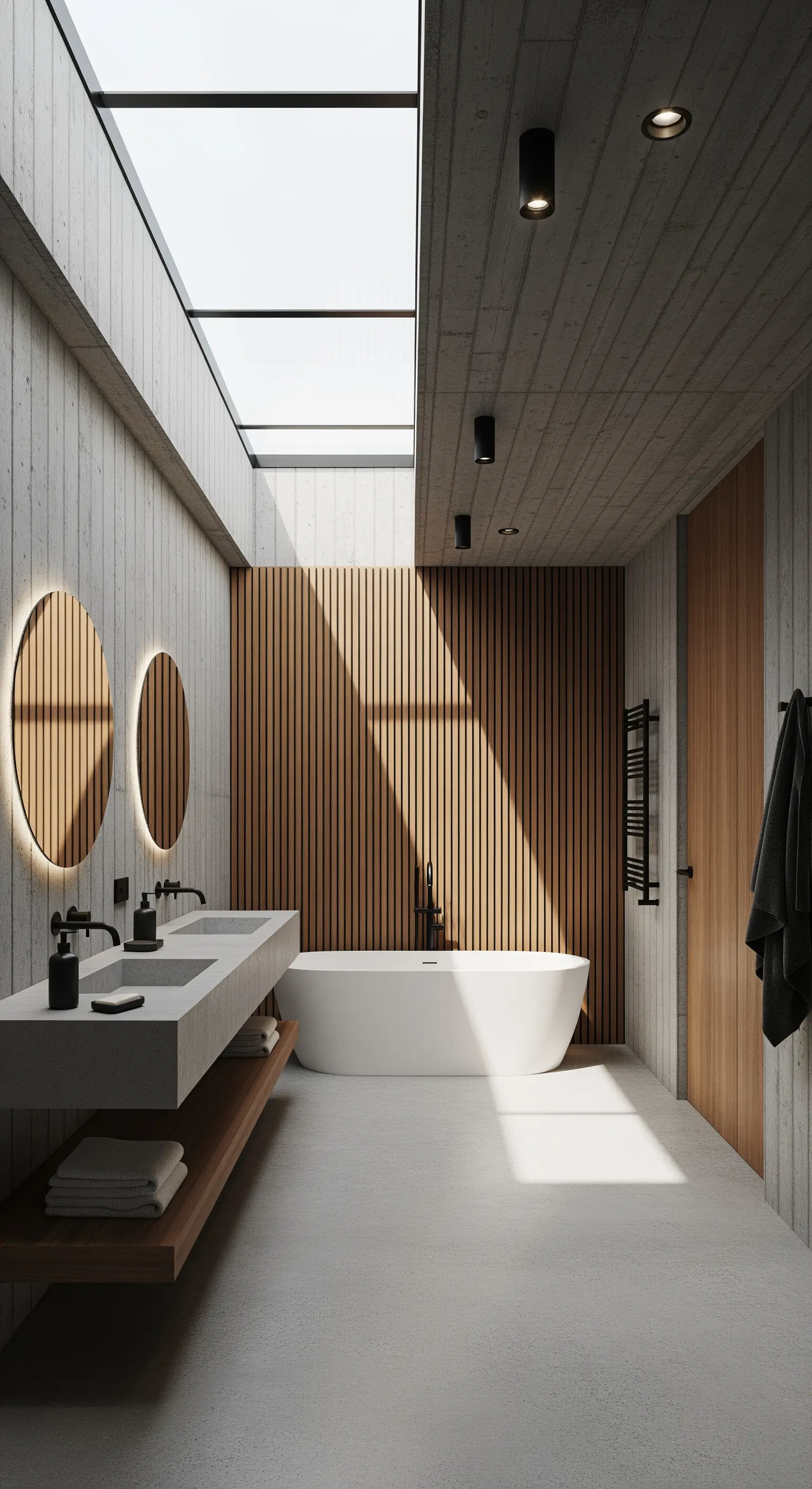 Minimalistisches Bad aus Beton und Holzlamellen, von einem Oberlicht beleuchtet