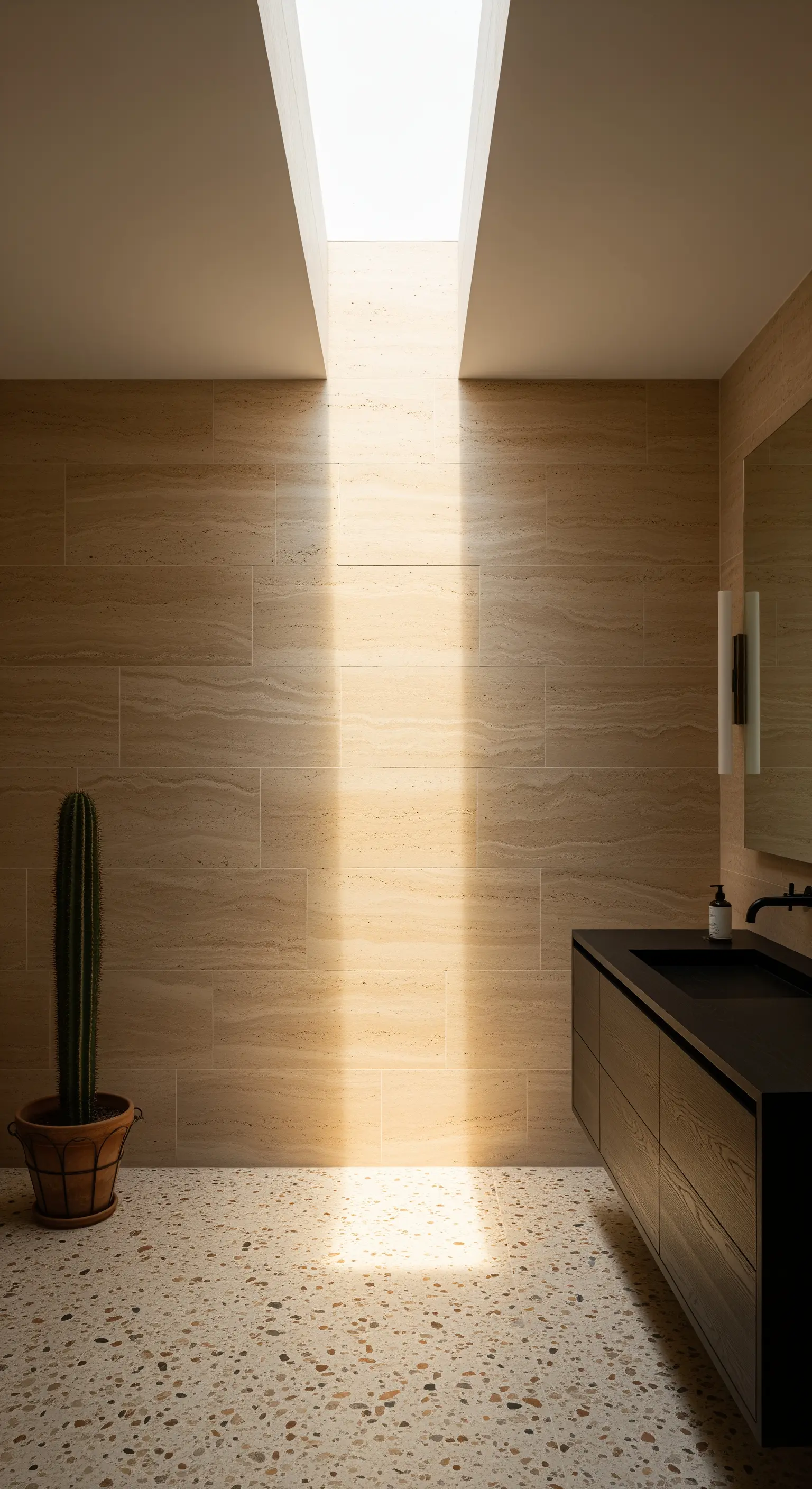 Modernes Badezimmer mit Travertinwänden, Terrazzoboden und einem dramatischen Lichtschacht.