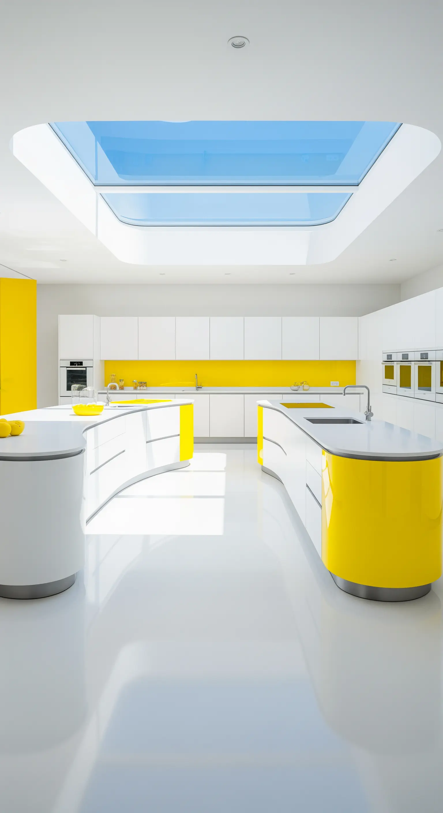 Ultramoderne weiße Küche mit geschwungenen, gelben Kücheninseln.