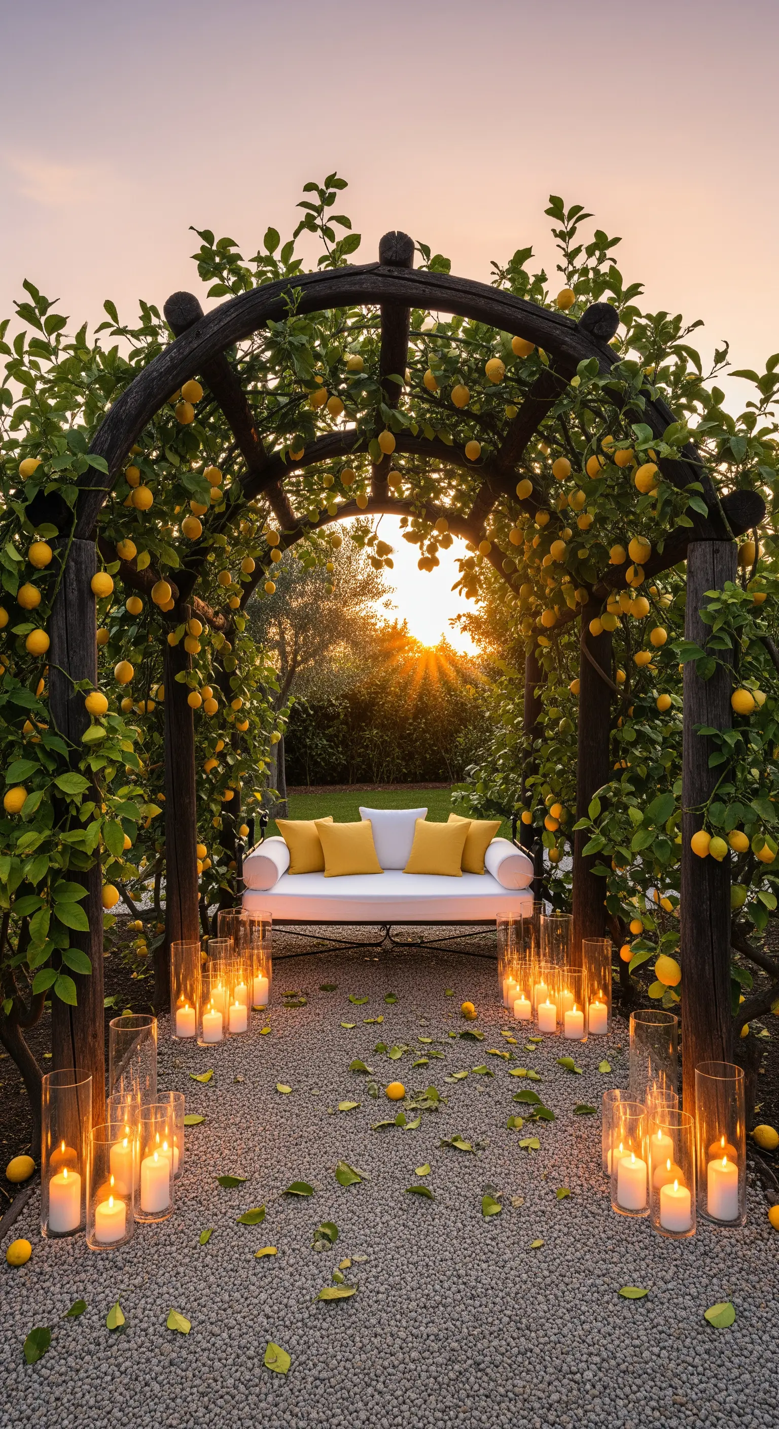 Schaukelbank unter Zitronenbogen mit gelben Kissen und Kerzen in Glaszylindern