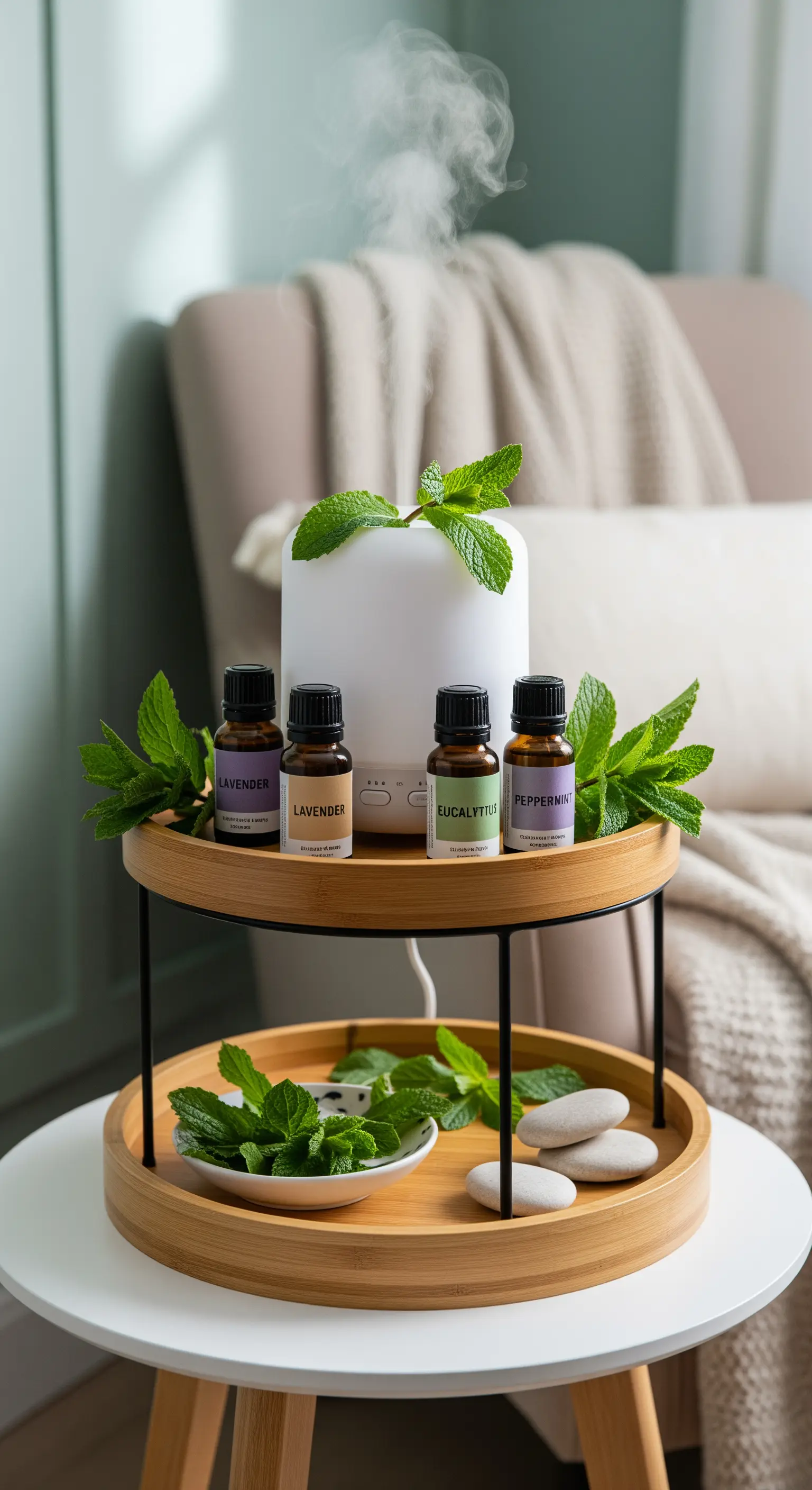 Bambus-Etagere mit ätherischen Ölen und Minze