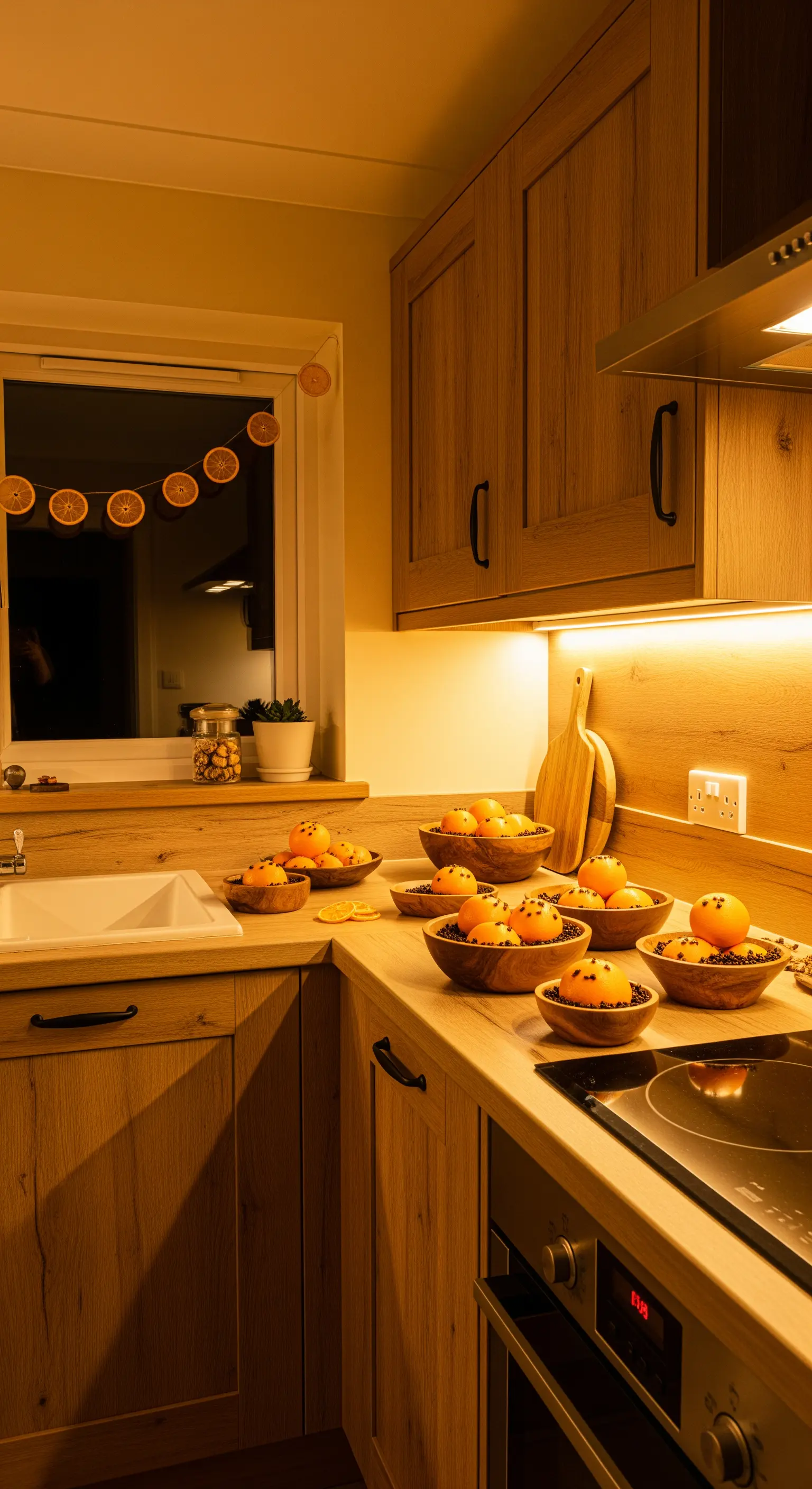 Küche mit Orangen-Nelken-Deko in Holzschalen, Orangengirlande und warmem Licht.