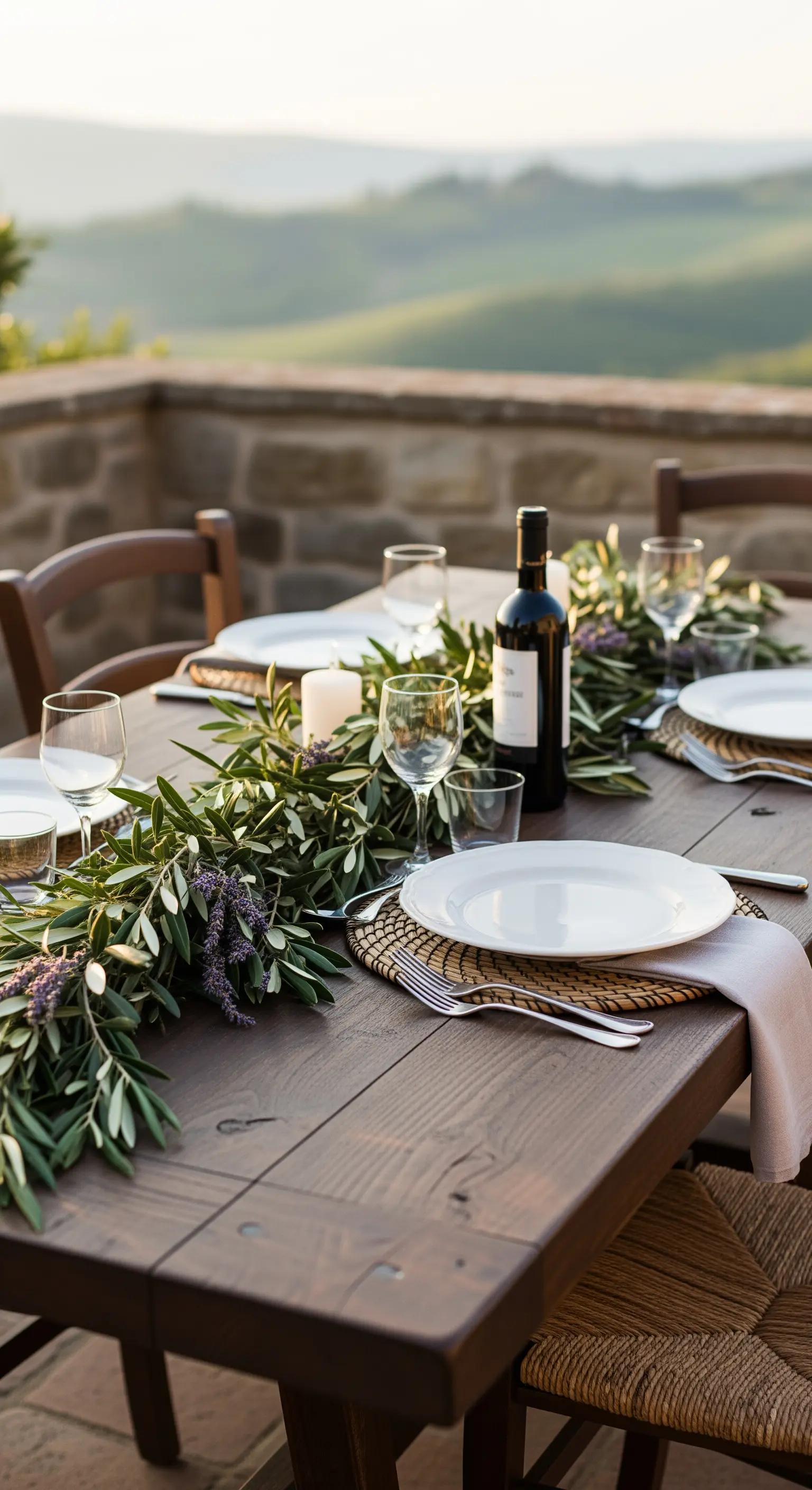 Tischdeko mit einer Girlande aus Olivenzweigen und Lavendel auf einem rustikalen Holztisch.