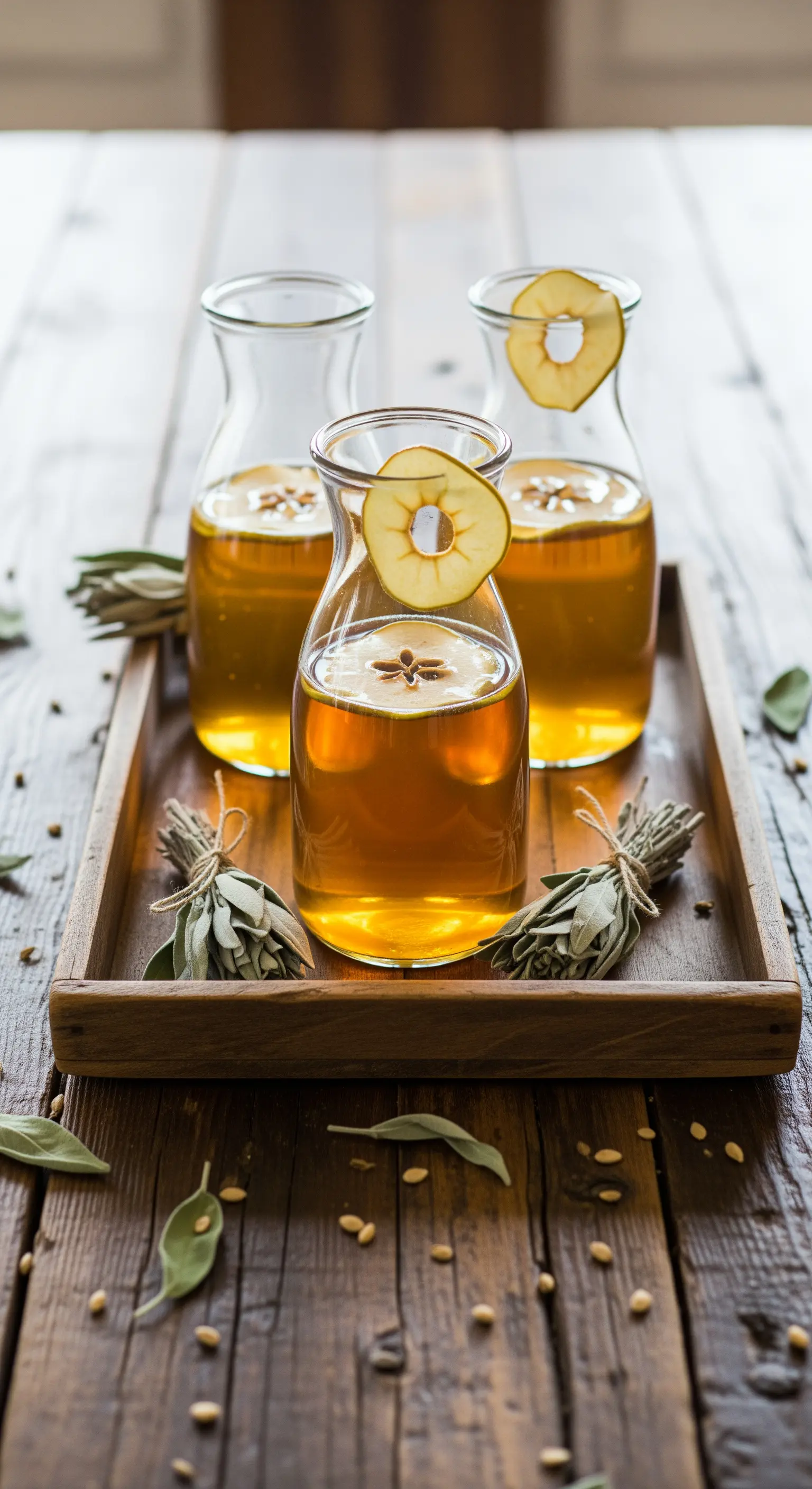 Quittengetränk in Glaskaraffen, Quittenscheiben, Salbeibündel auf Holztablett für herbstlichen Empfang.