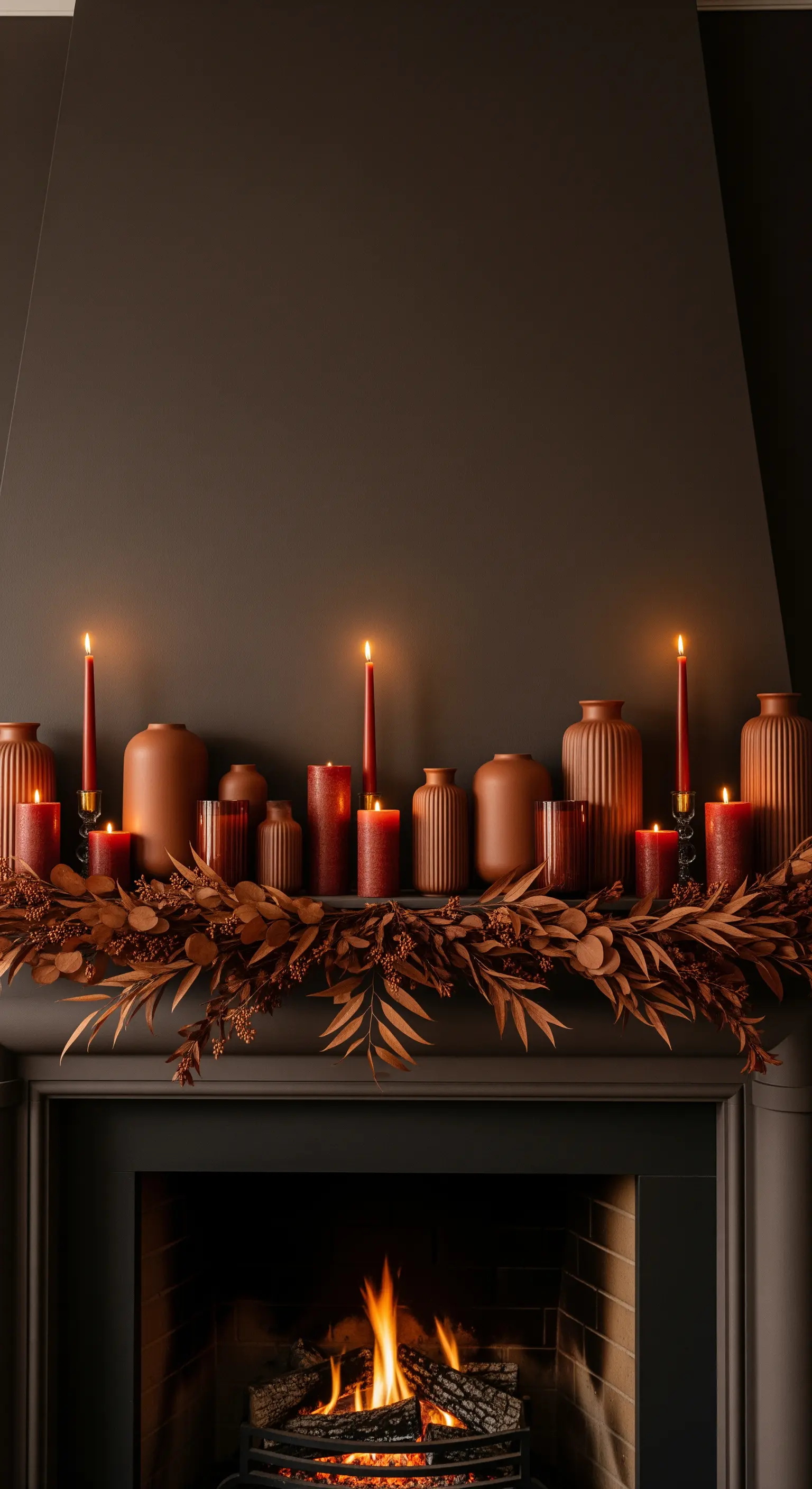 Kaminsims mit Kerzen, Keramikvasen und Herbstlaub-Girlande