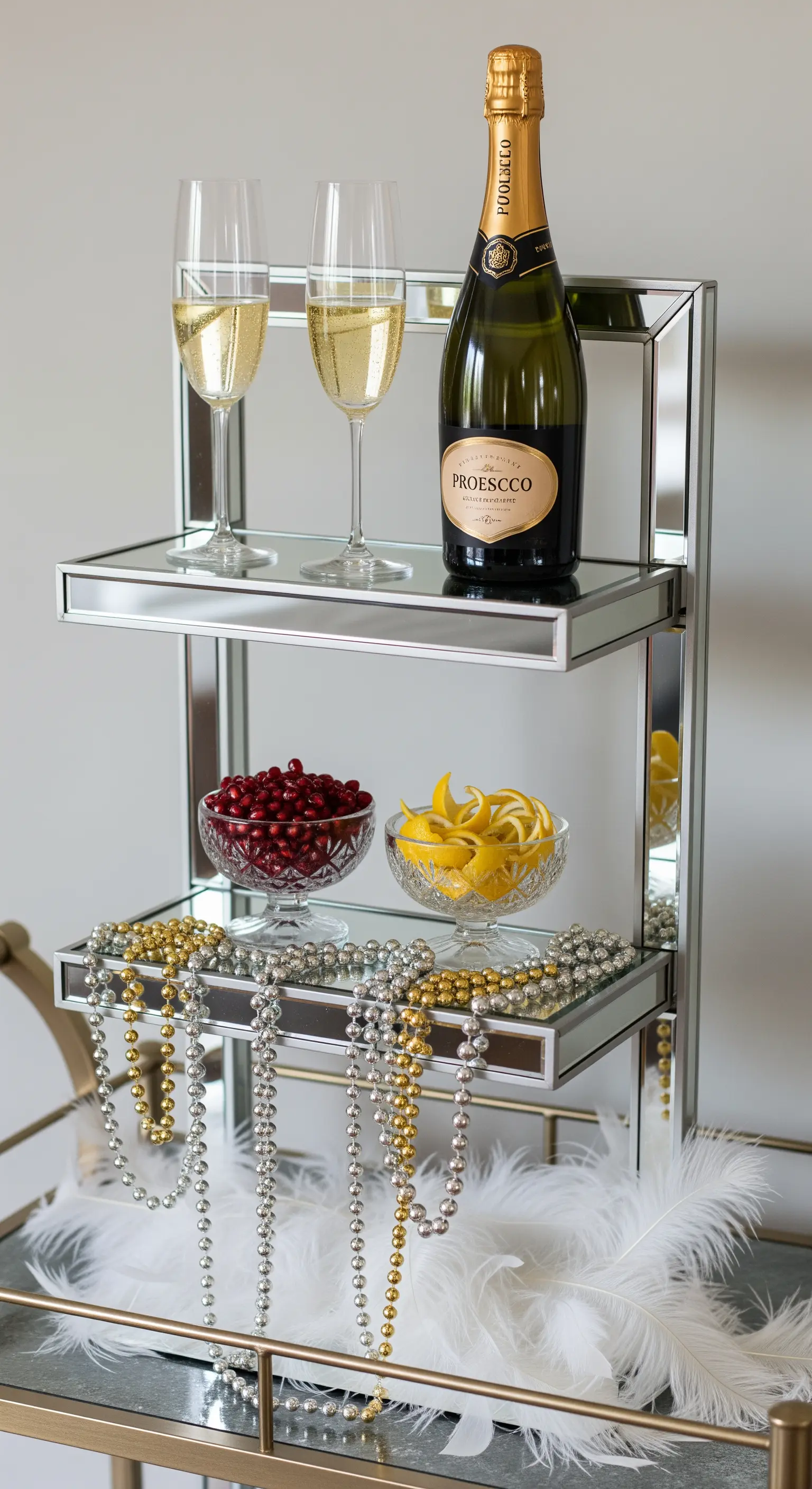 Verspiegelte Etagere als Bar-Wagen mit Prosecco, Perlenketten und Federn.