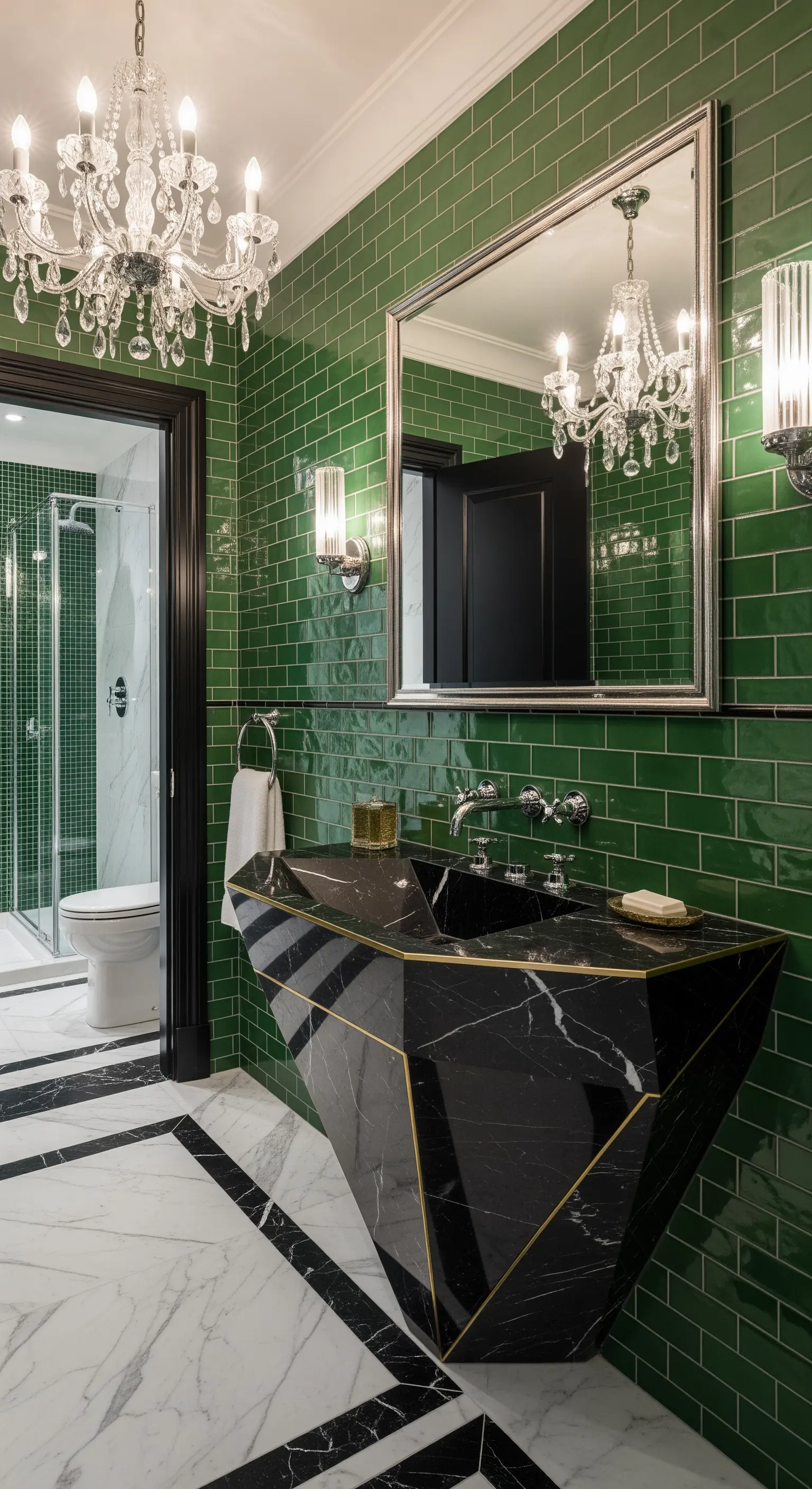 Geometrisches Waschbecken aus schwarzem Marmor mit Golddetails vor grünen Fliesen.