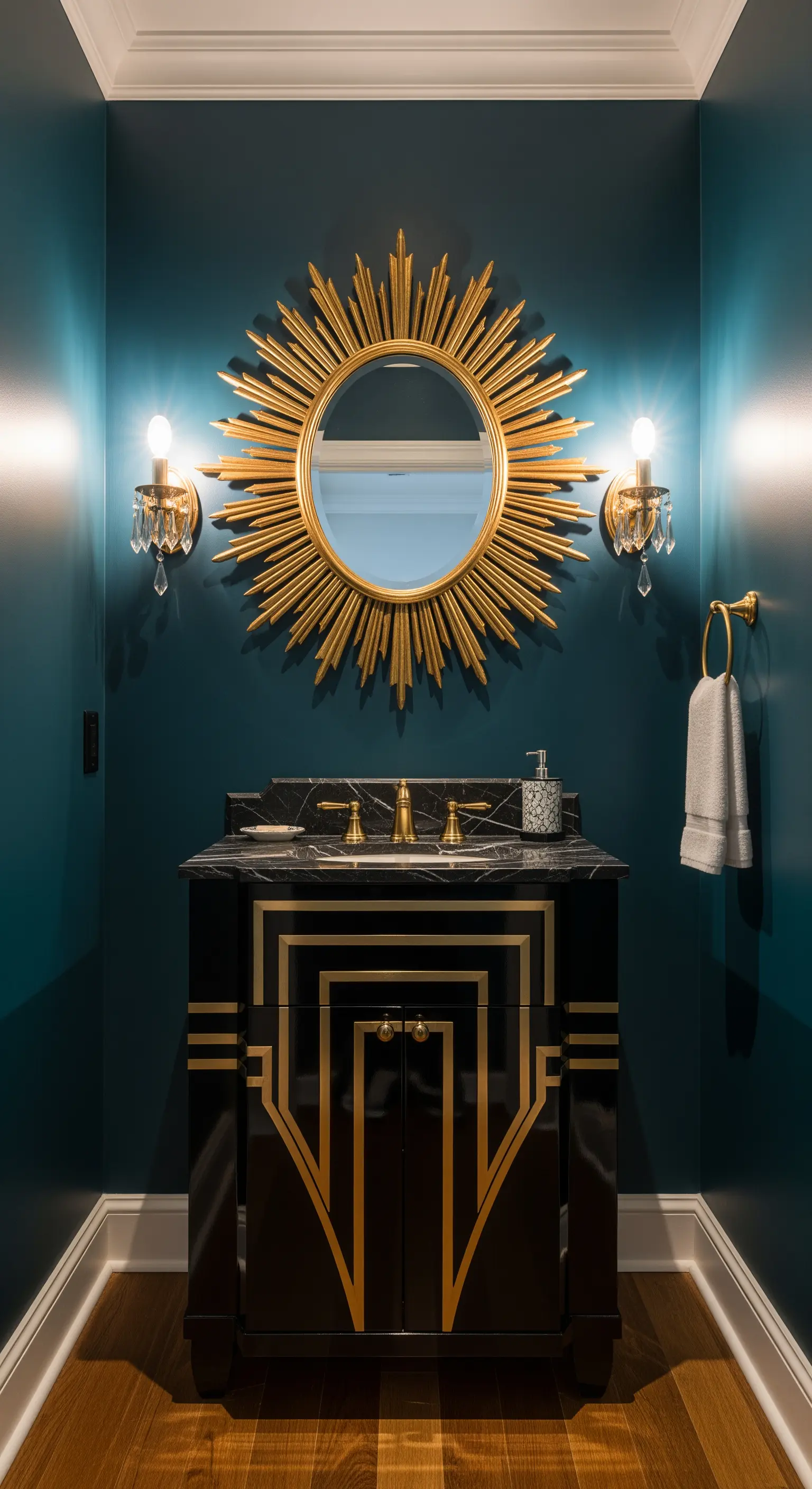 Art-Déco-Gästebad in Dunkelgrün mit goldenem Sonnen-Spiegel.