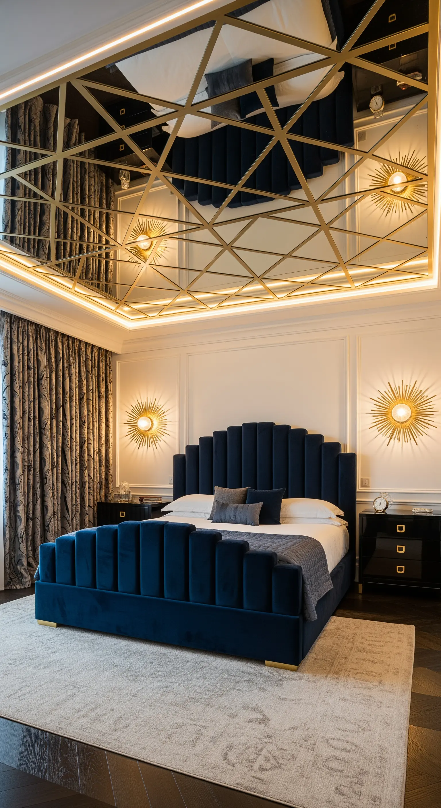 Schlafzimmer in Königsblau und Gold mit einer geometrisch verspiegelten Decke und Sonnenleuchten.