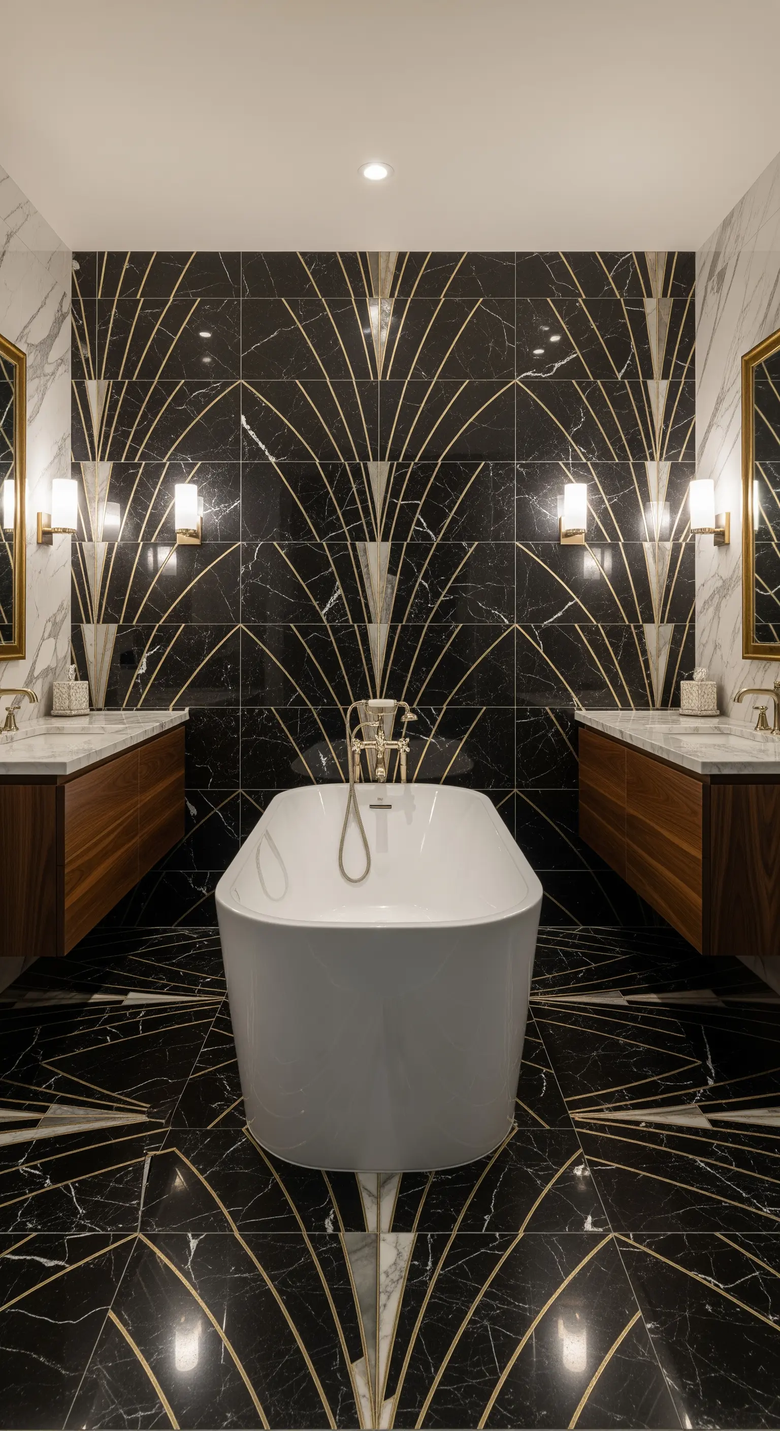 Art-Déco-Badezimmer mit schwarzen Marmorfliesen und goldenen Linien.