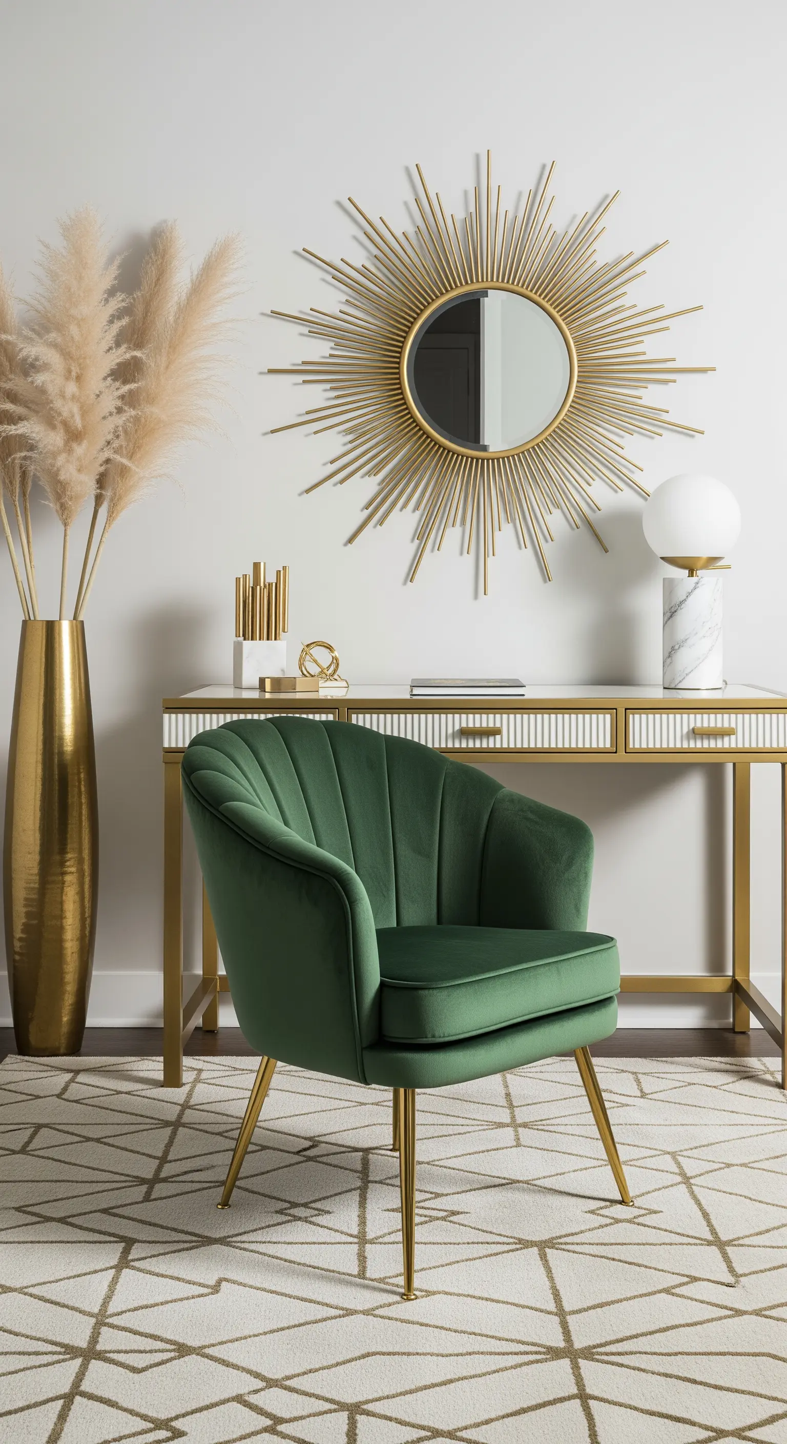 Elegantes Homeoffice mit grünem Samtsessel, goldenem Sonnenstrahlenspiegel und weiß-goldenem Schreibtisch.