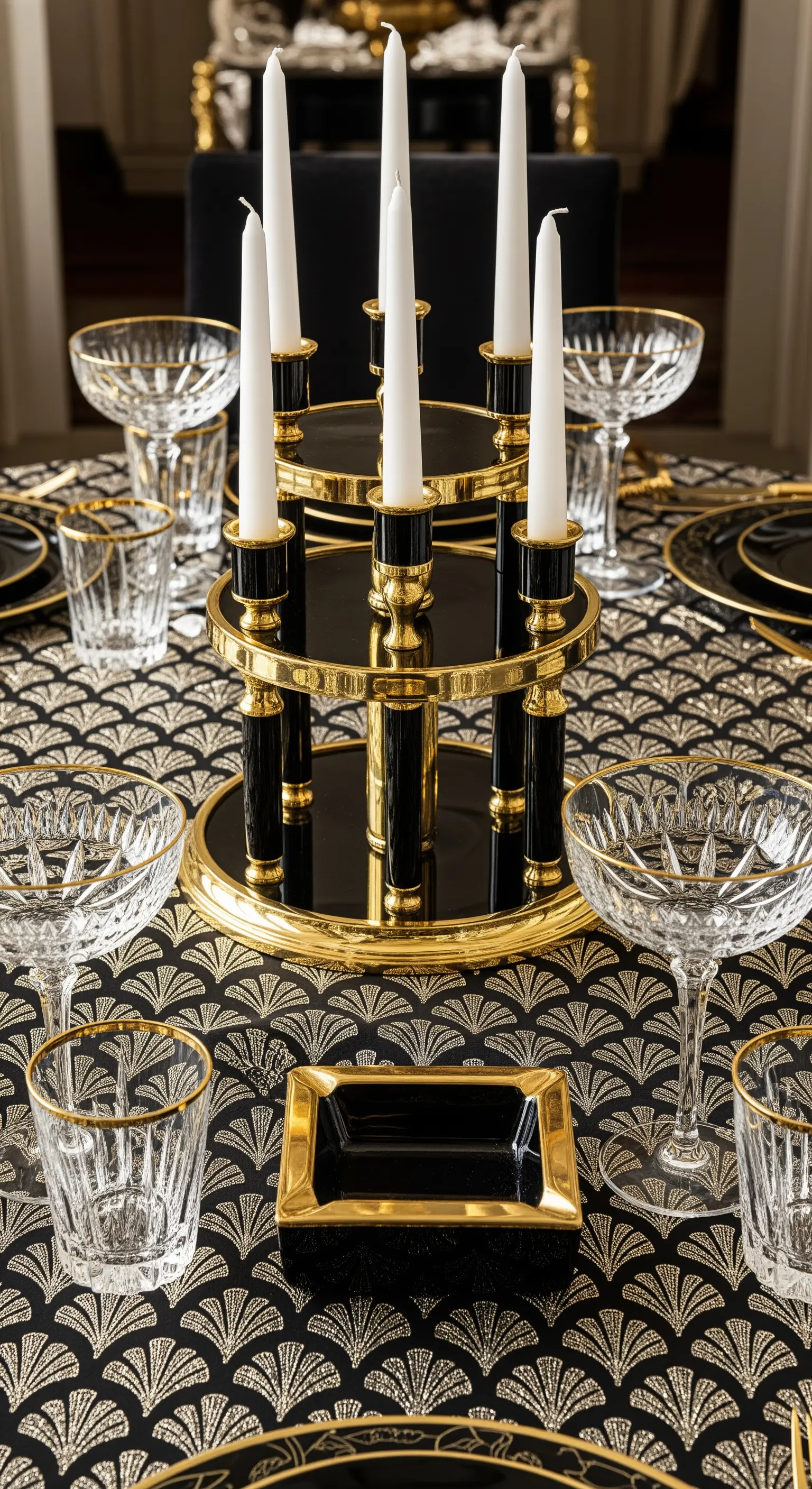 Art-Déco-Tischdeko in Schwarz-Gold mit gemustertem Läufer und hohen Kerzenständern.