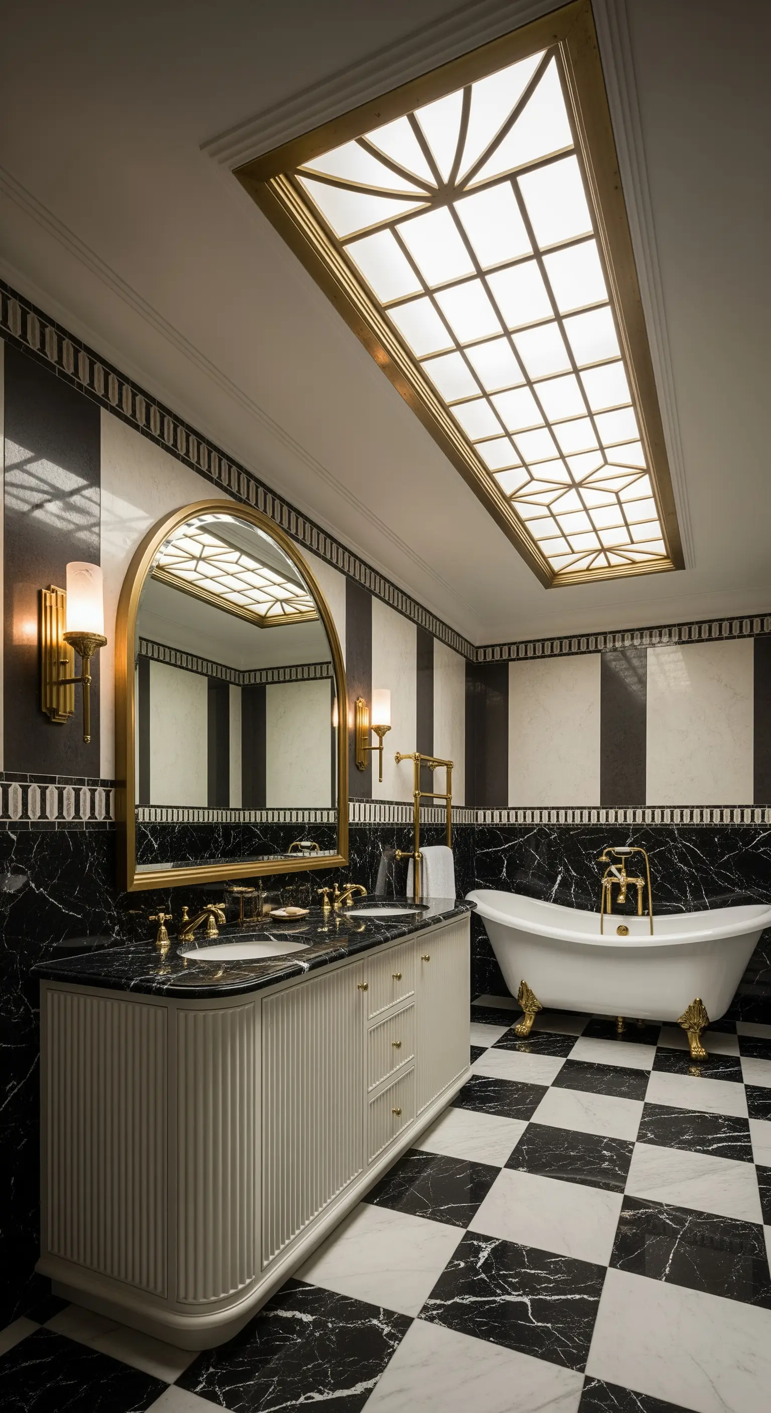 Art-Déco-Badezimmer in Schwarz-Weiß mit Goldakzenten und einem ornamentalen Dachfenster.