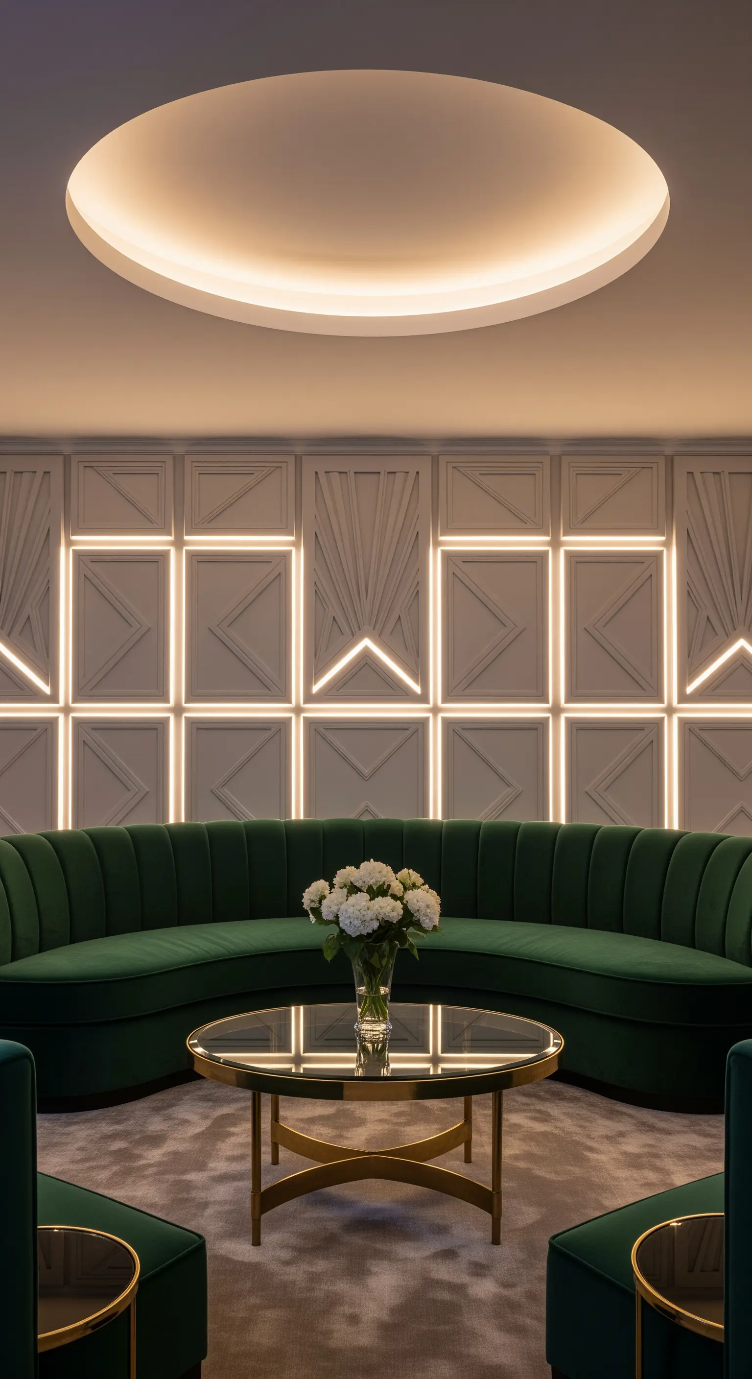 Elegantes Wohnzimmer mit smaragdgrünem Sofa und beleuchteten Wandpaneelen im Art-déco-Stil