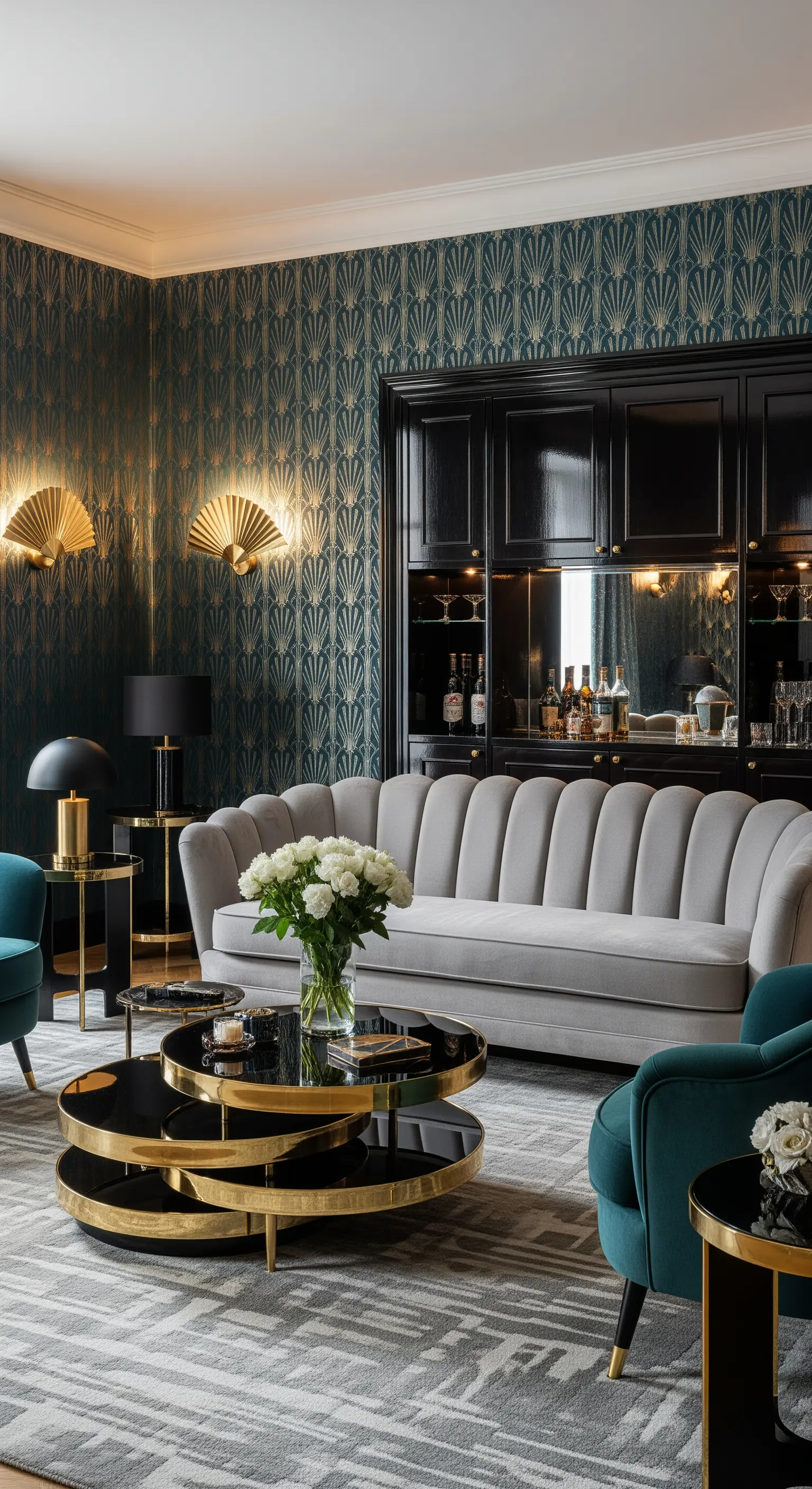 Art-déco-Wohnzimmer mit gemusterter Tapete, grauem Samtsofa und goldenen Couchtischen.