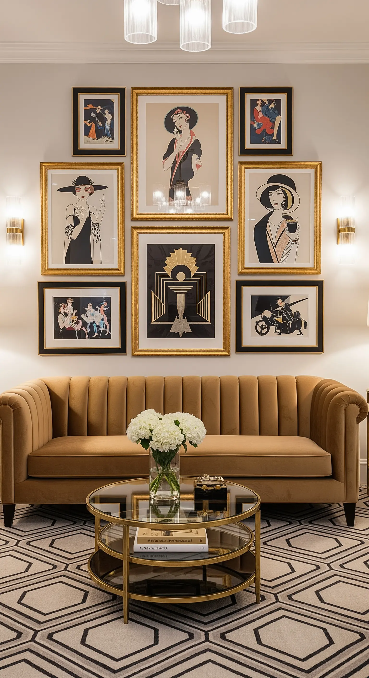 Symmetrisch angeordnete Art-Déco-Drucke in Gold- und Schwarzrahmen über einem senfgelben Samtsofa.