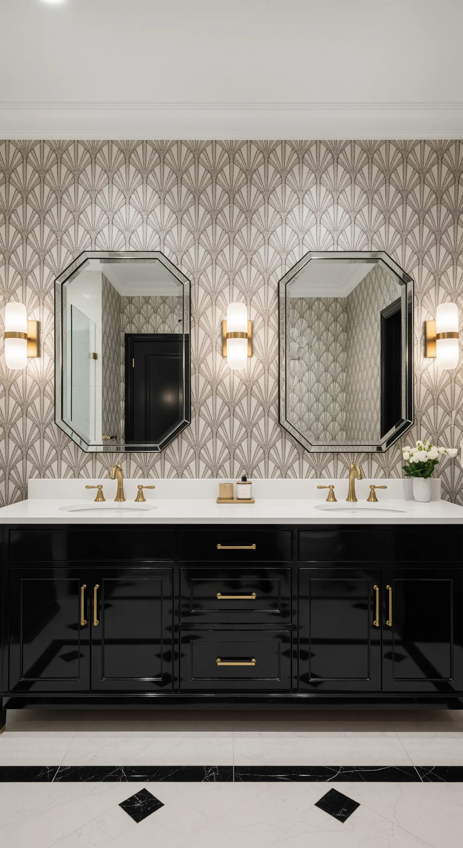 Art-Déco-Badezimmer mit grafischer Tapete, schwarzen Waschtischen und goldenen Armaturen.