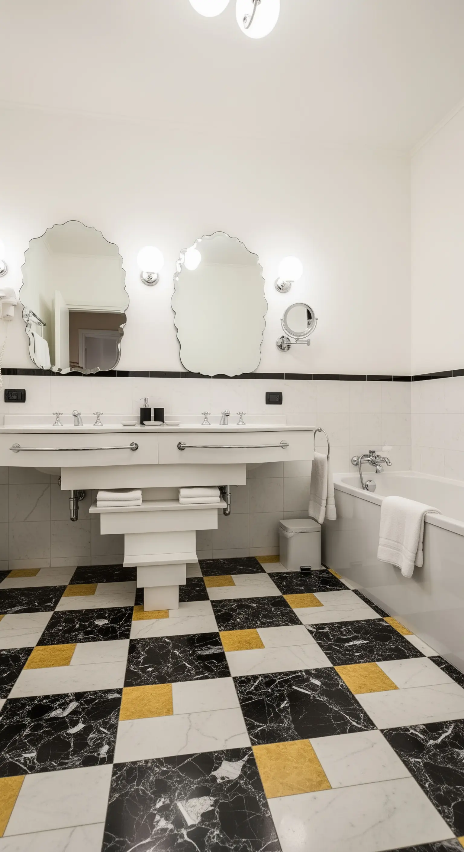 Badezimmer im Art-Déco-Stil mit schwarz-weiß-goldenem Schachbrettboden und organischen Spiegeln.