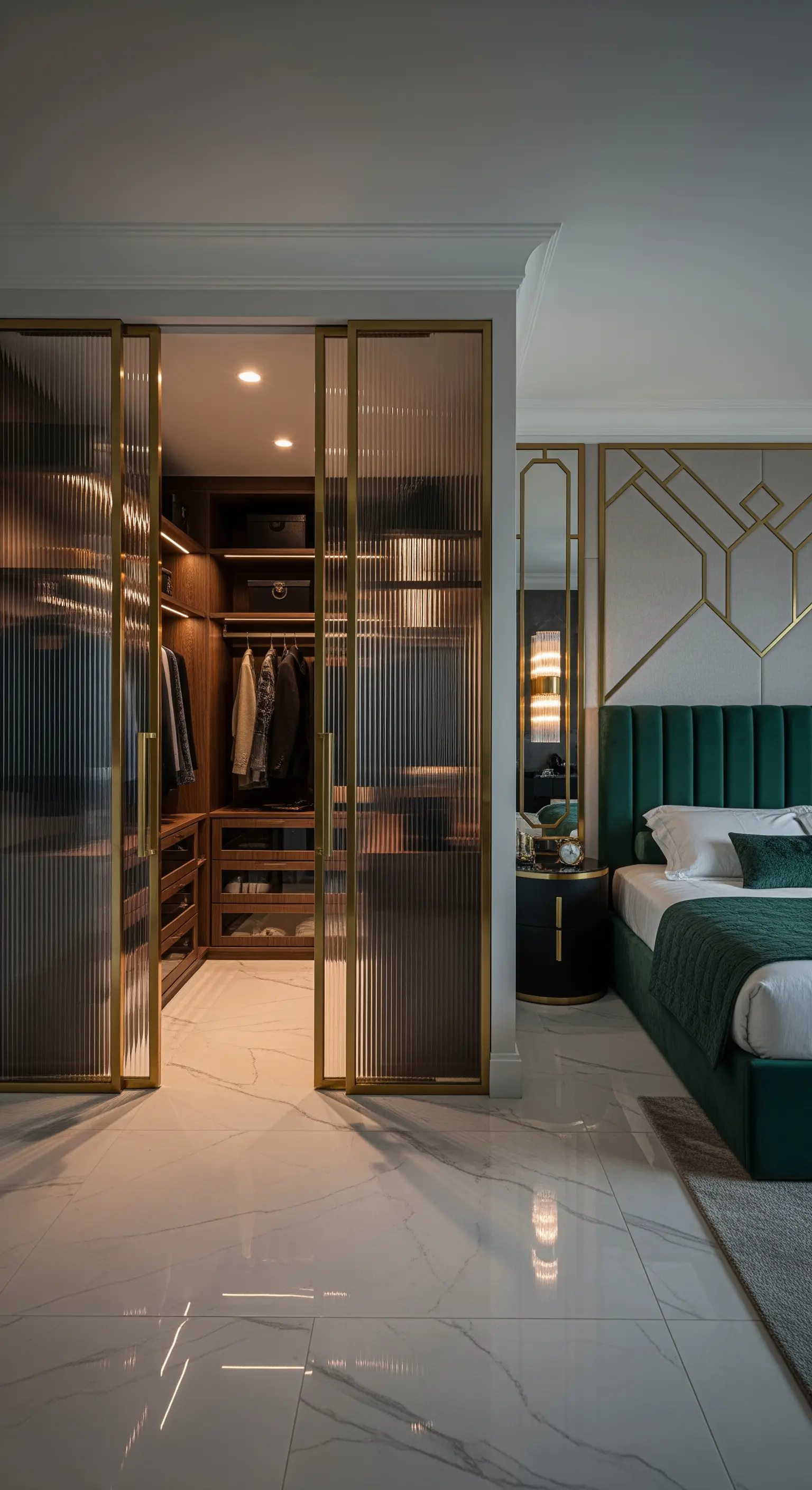 Schlafzimmer mit smaragdgrünem Bett und Schiebetüren aus geriffeltem Glas zum Kleiderschrank