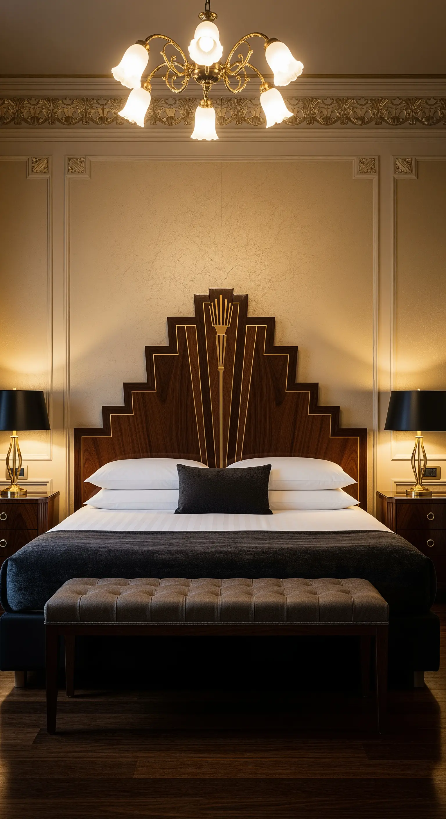 Symmetrisches Art-Déco-Schlafzimmer mit goldverziertem Kopfteil und Kronleuchter.