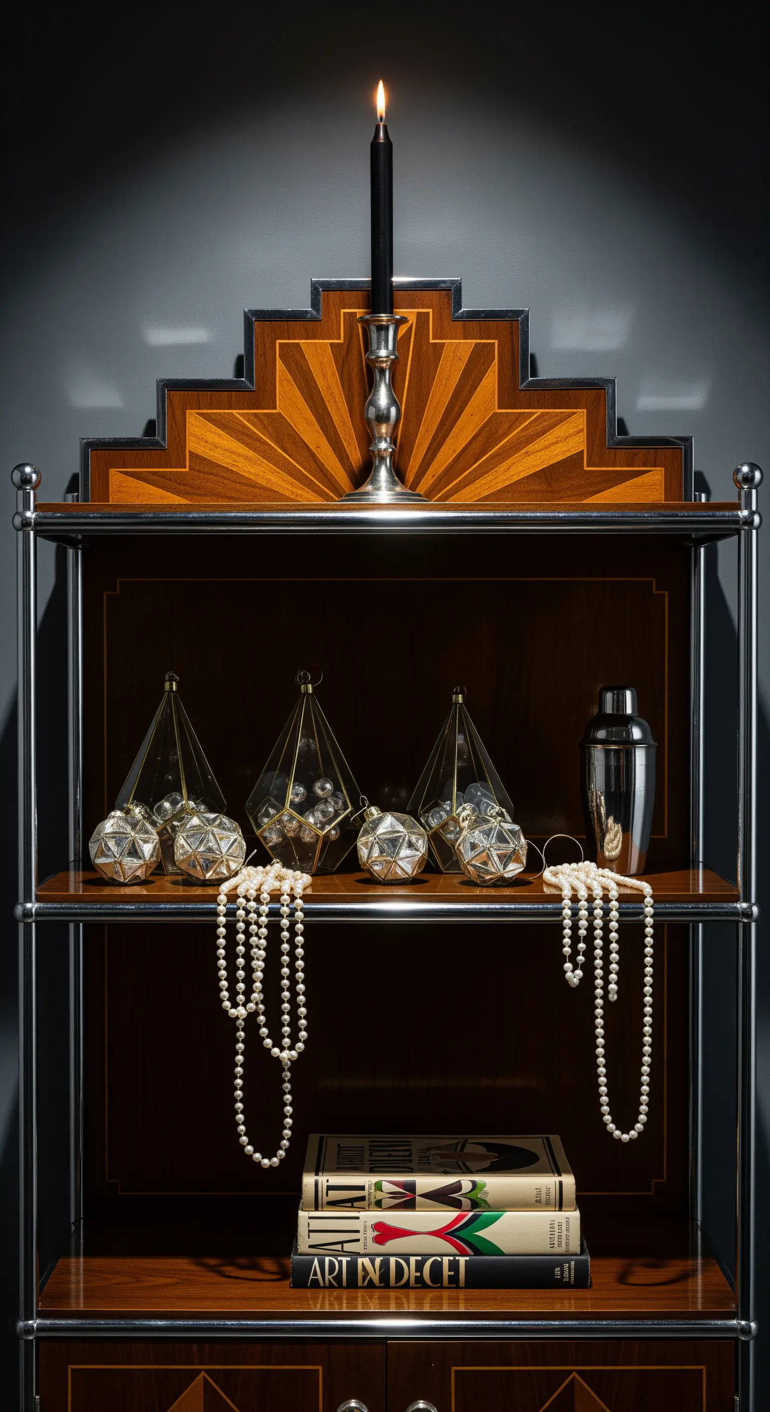 Art-Déco-Etagere mit Perlenketten, Glasterrarien und einer schwarzen Kerze