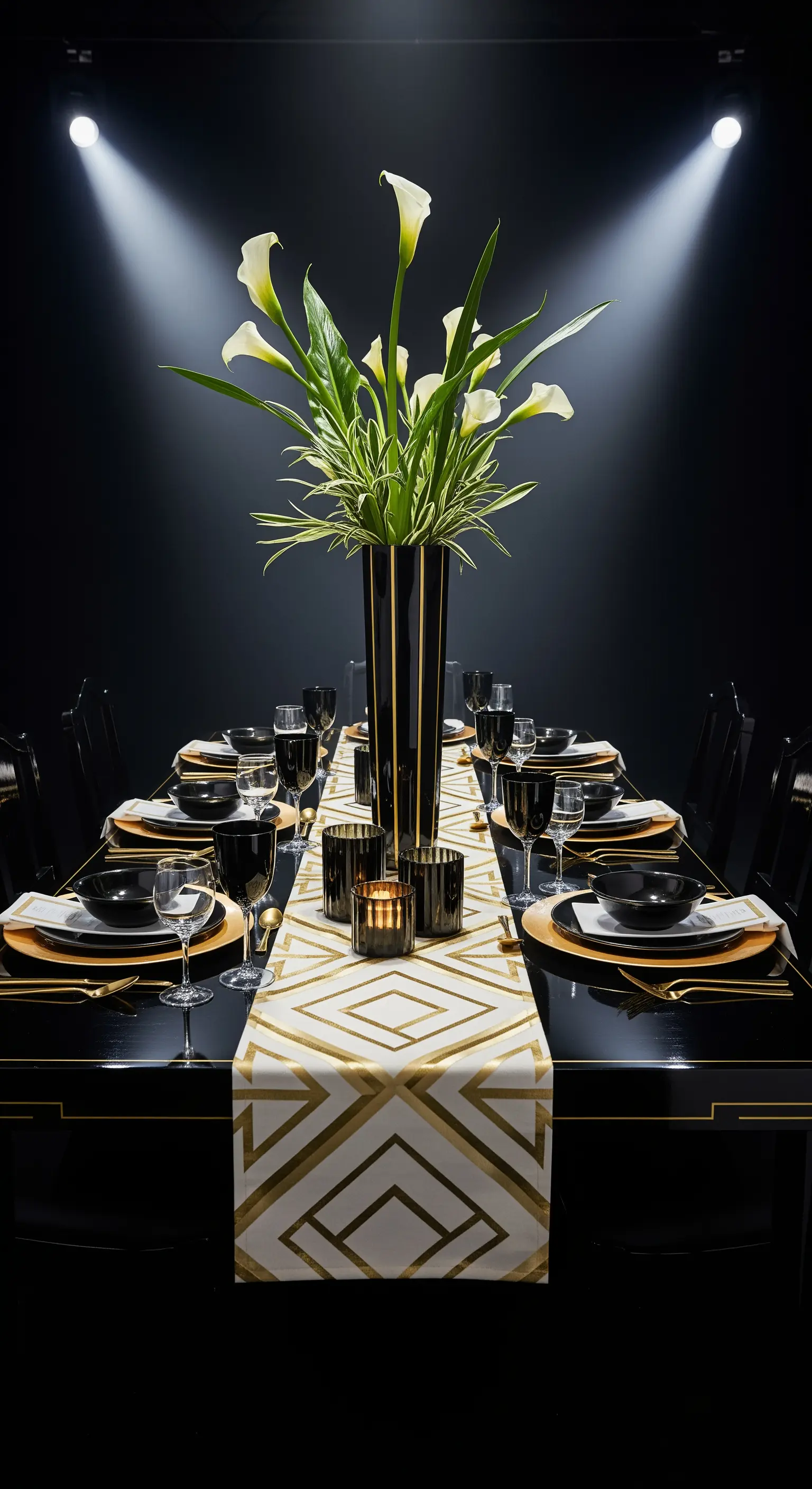 Glamouröse Art-Déco-Tischdeko in Schwarz und Gold mit weißen Calla-Lilien