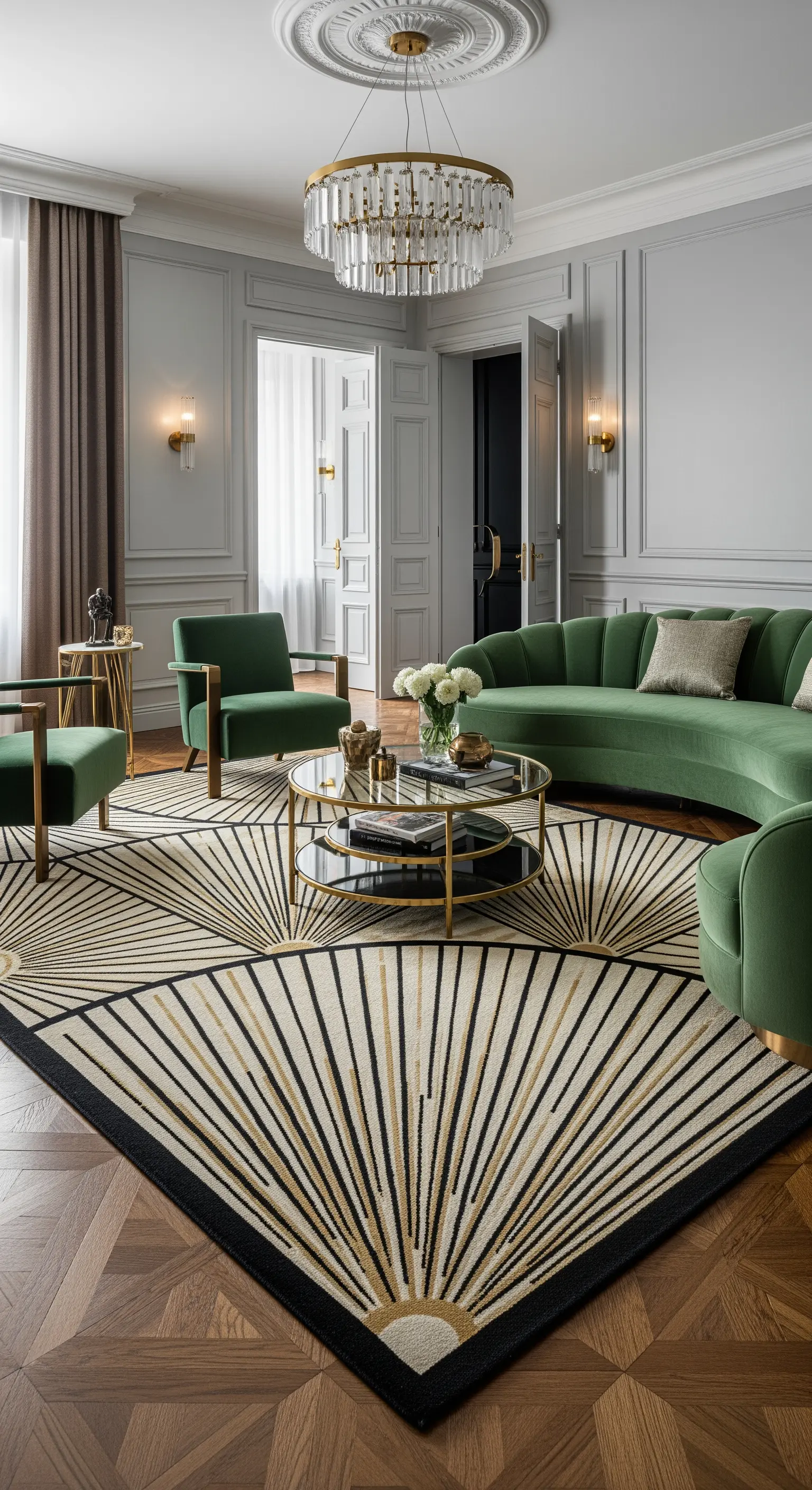 Art-Deco-Wohnzimmer mit grünem Samtsofa und einem Teppich mit goldenem Fächermuster.