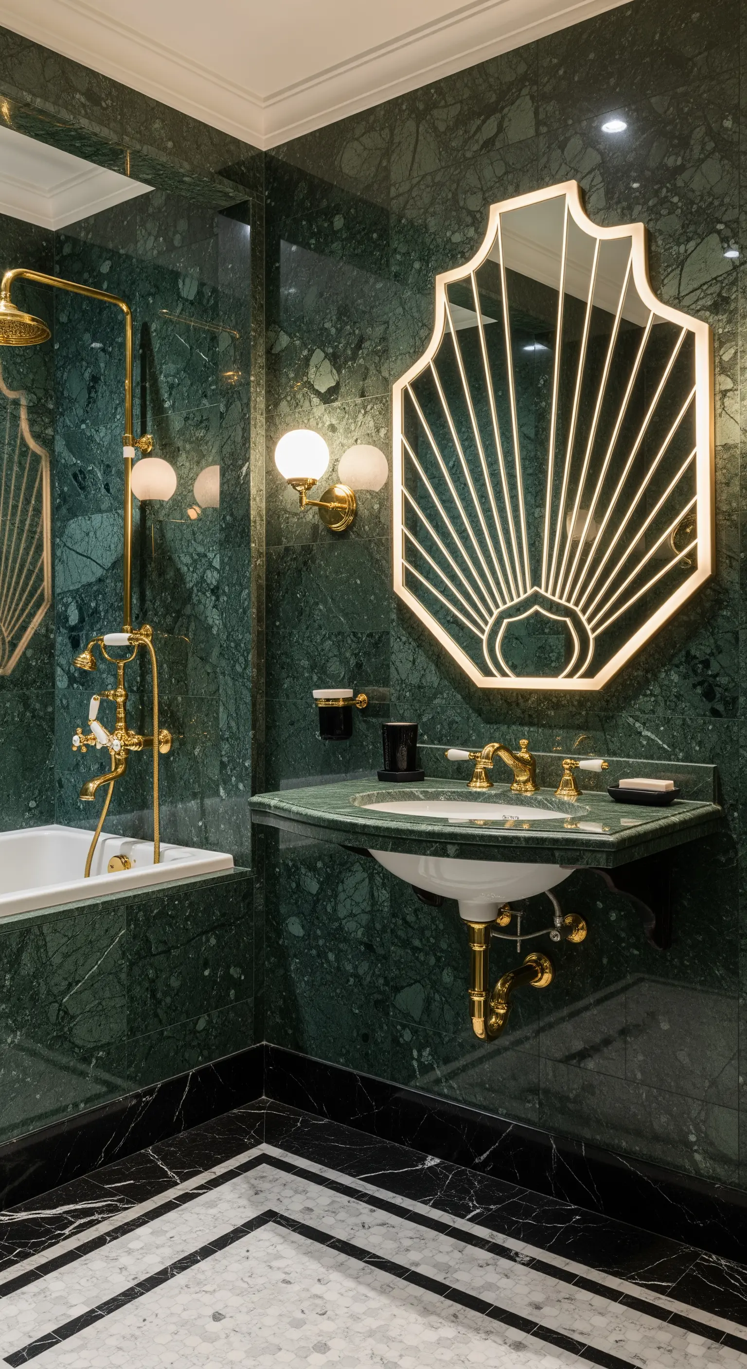 Badezimmer im Art-Déco-Stil mit grünem Marmor, goldenen Armaturen und Statement-Spiegel.