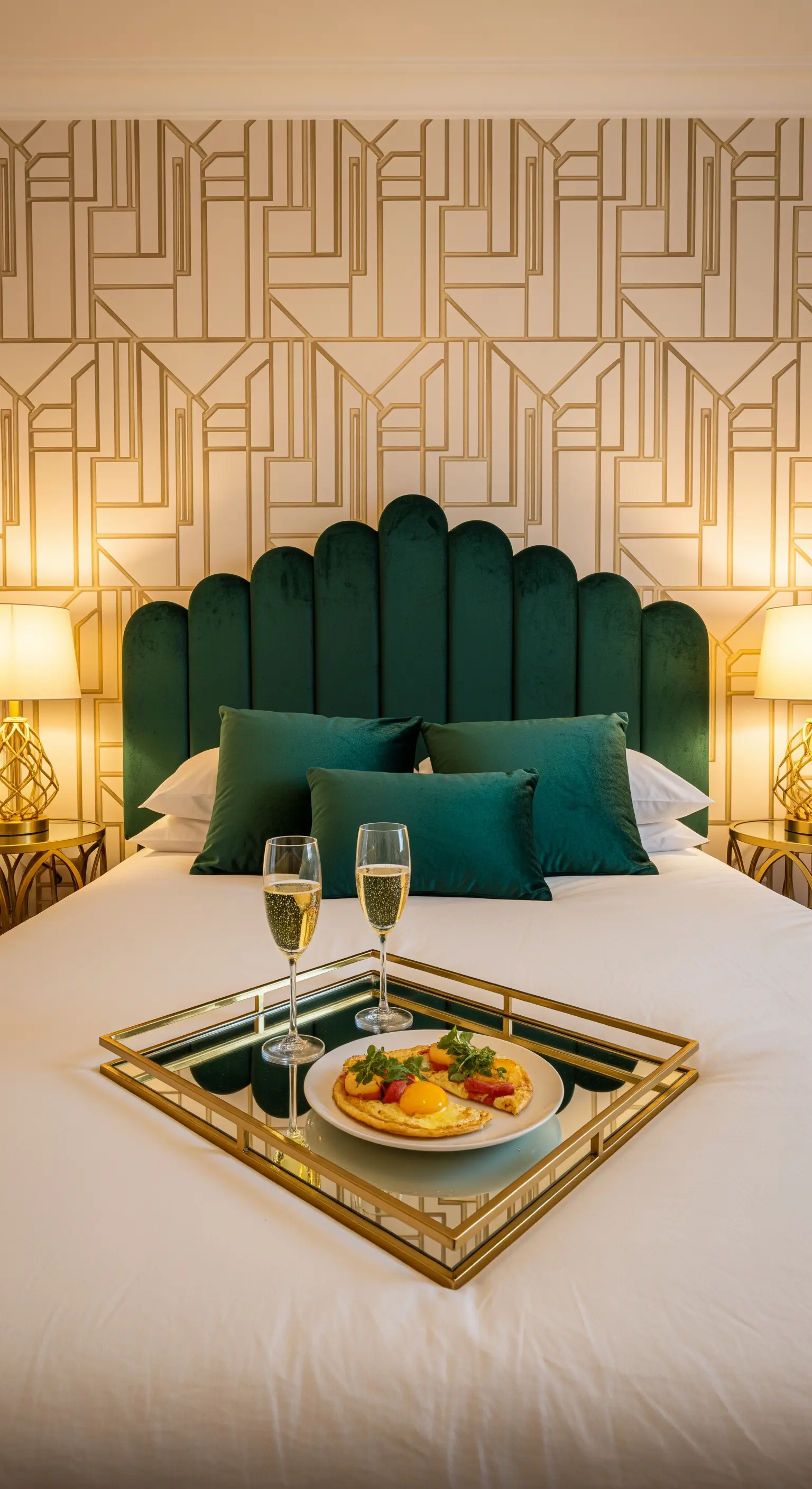 Art Déco Frühstück mit grünem Samt-Kopfteil, Goldtapete und Champagner auf Spiegeltablett