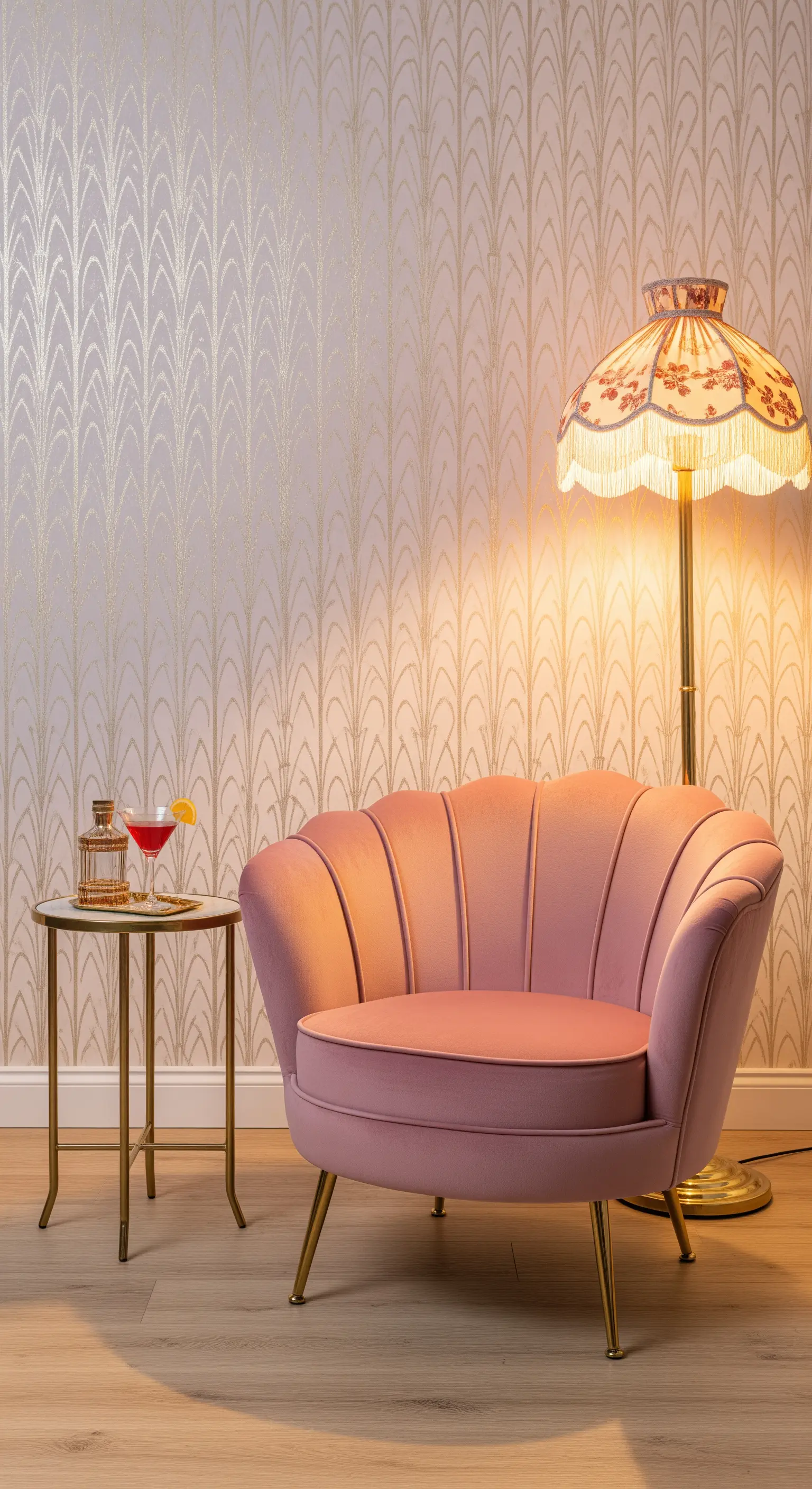 Rosa Samtsessel in Muschelform vor einer gemusterten Tapete mit einer Vintage-Stehlampe.