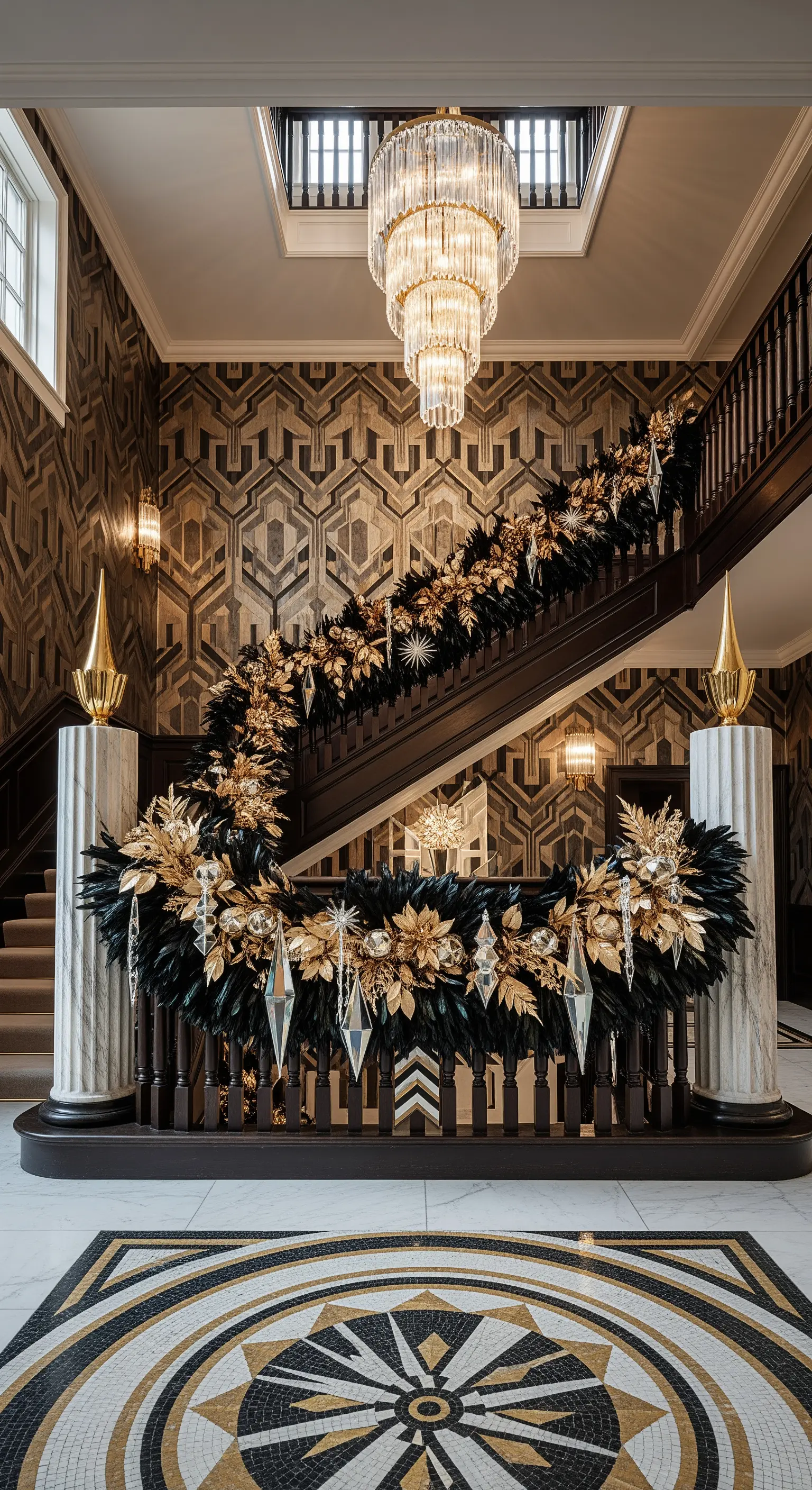 Art-Déco-Treppe mit schwarzer Federgirlande, Goldblättern und geometrischen Ornamenten.