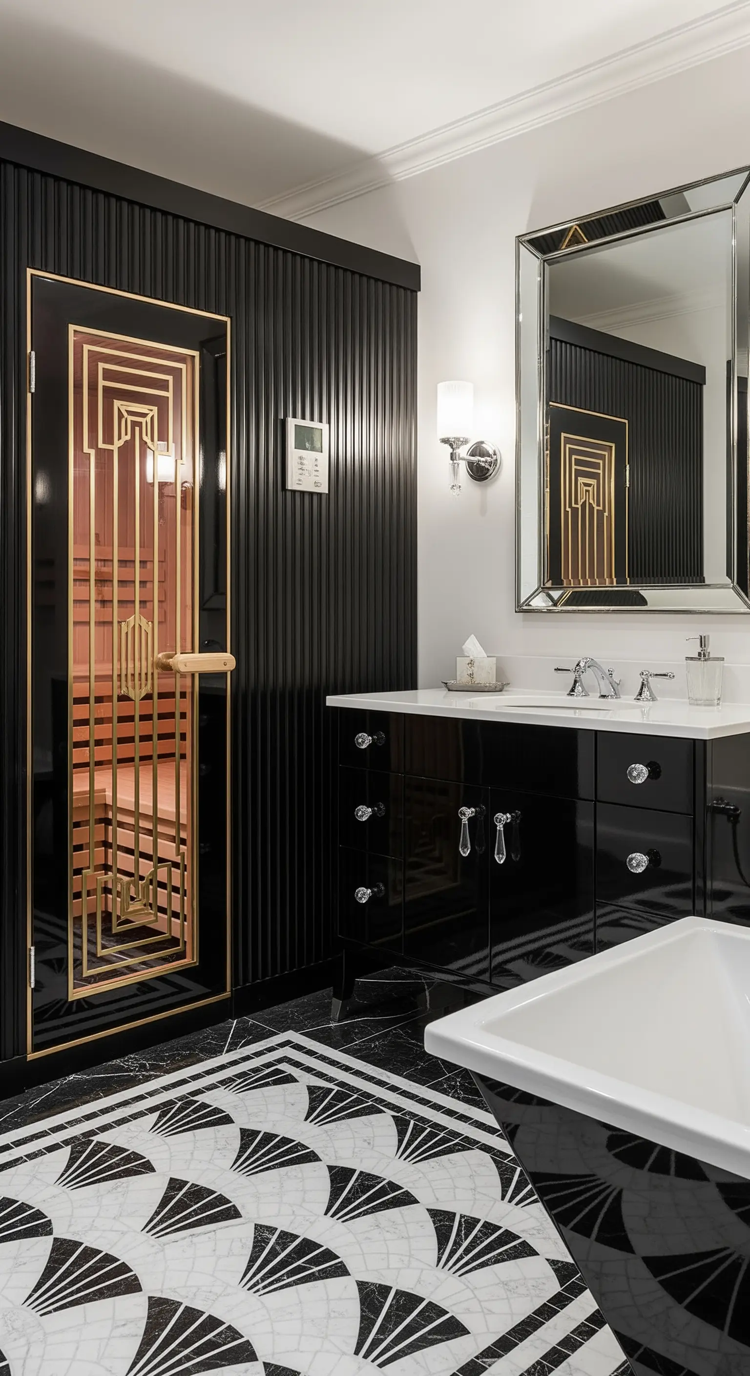 Art-Déco-Badezimmer in Schwarz-Weiß mit goldverzierter Saunatür.