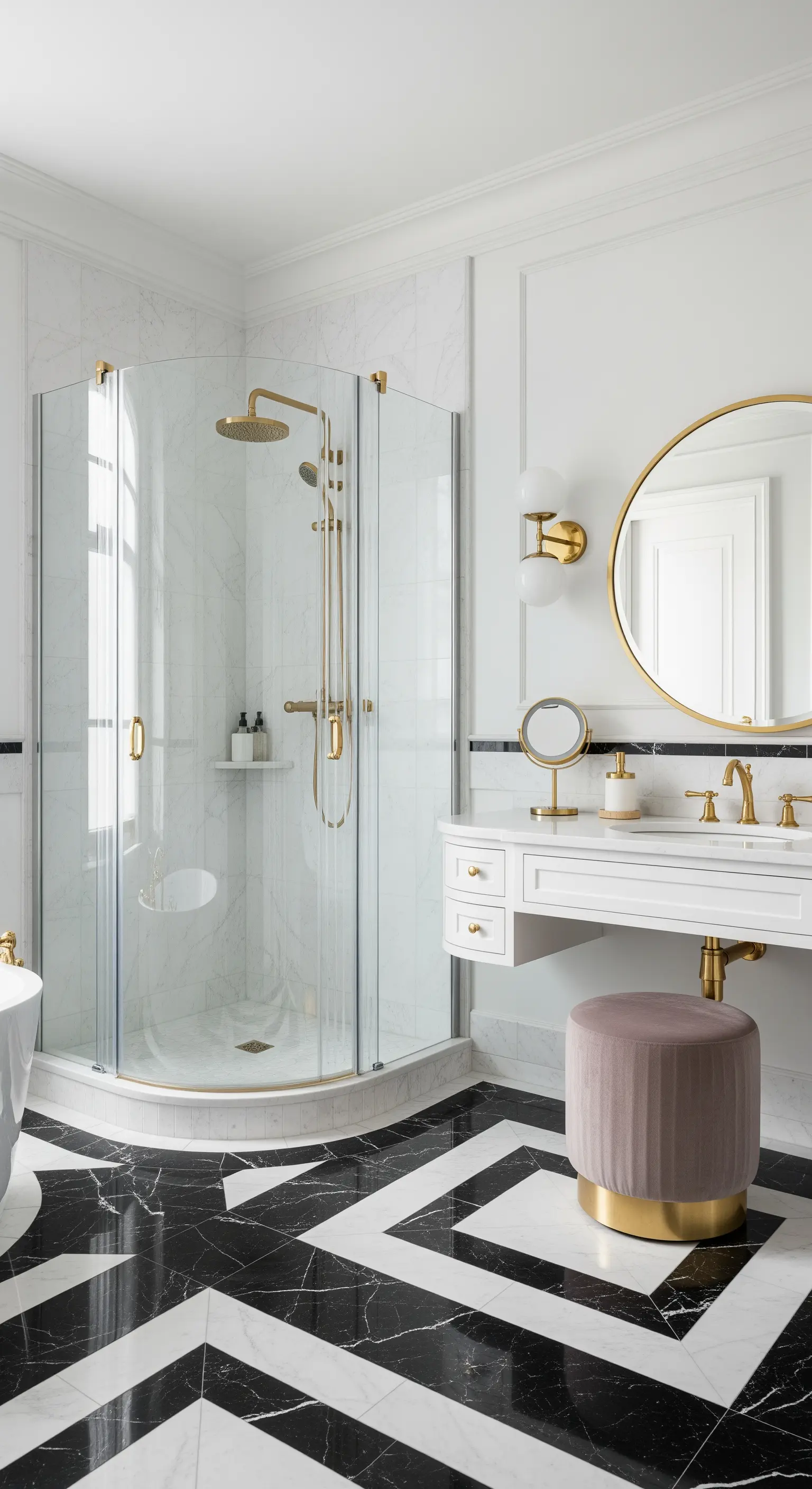 Elegantes Badezimmer mit schwarz-weißem Marmorboden, goldenen Armaturen und rundem Spiegel