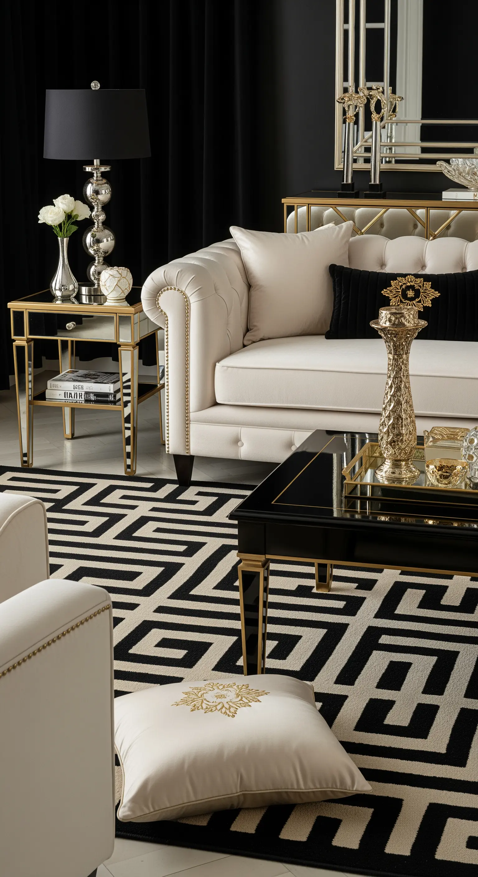 Glamouröses Wohnzimmer mit Chesterfield-Sofa, geometrischem Teppich und goldenen Akzenten.