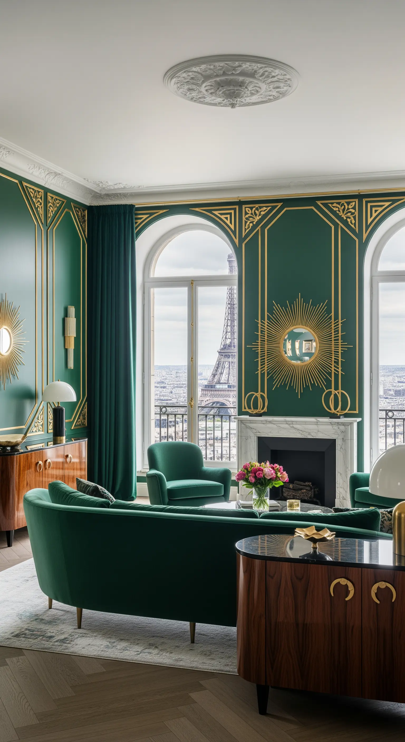 Pariser Wohnzimmer in Smaragdgrün mit goldenen Wanddetails und Blick auf den Eiffelturm
