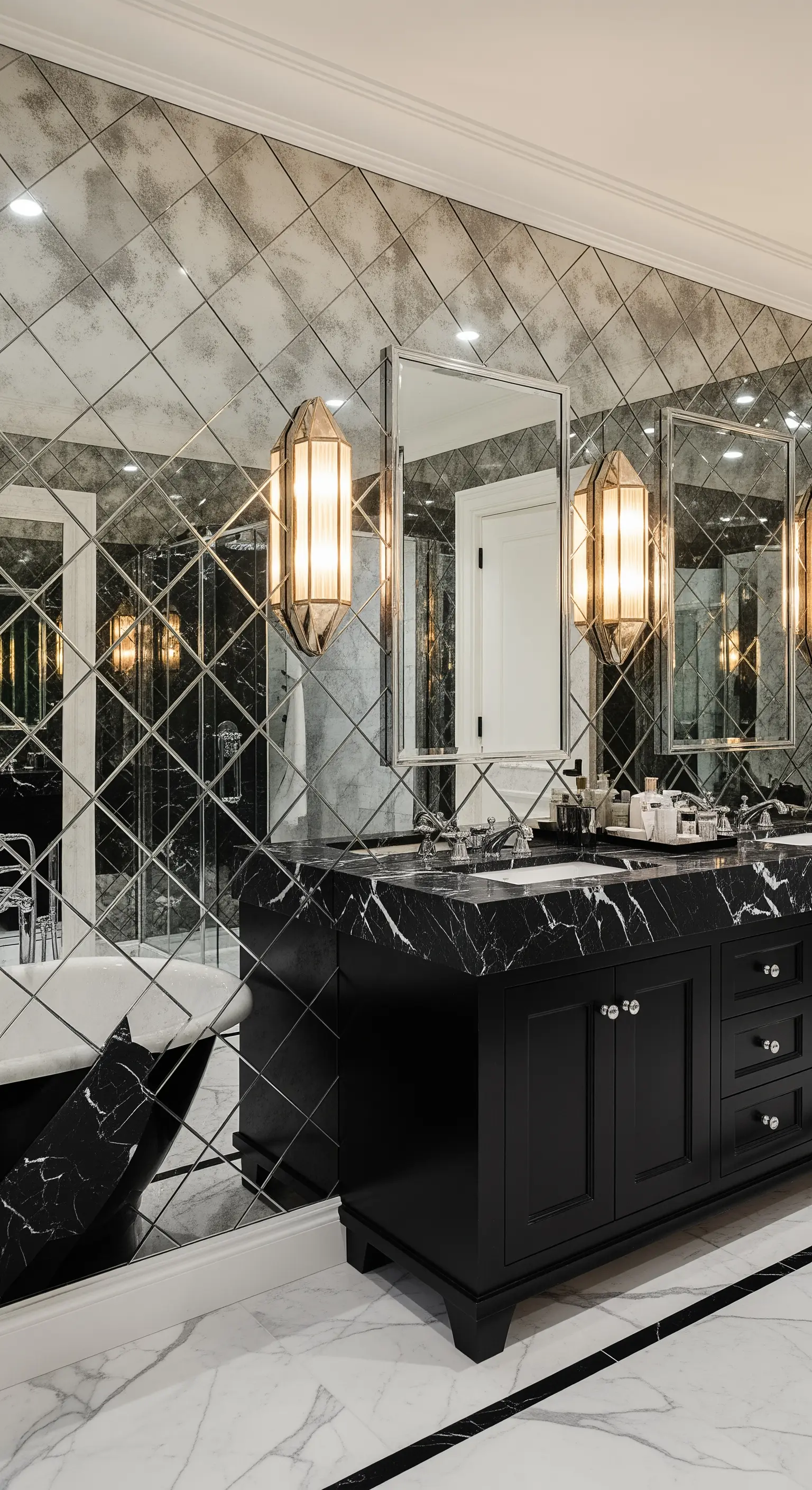 Badezimmer mit Antikspiegel-Fliesenwand, schwarzem Marmor-Waschtisch und Art-déco-Leuchten.