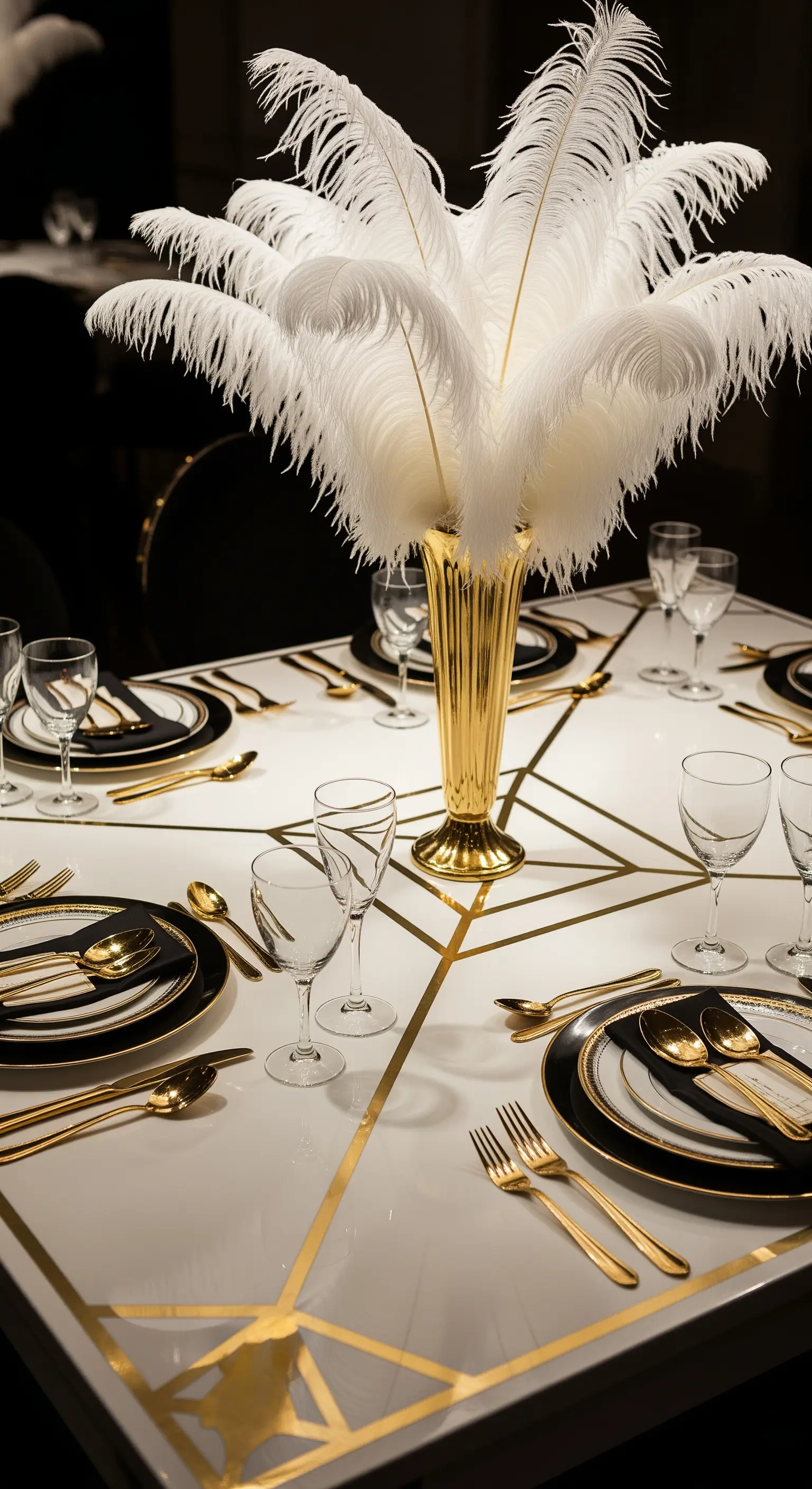 Glamouröse Art-Déco-Tafel mit weißen Federn, Goldvase und grafischen Goldlinien