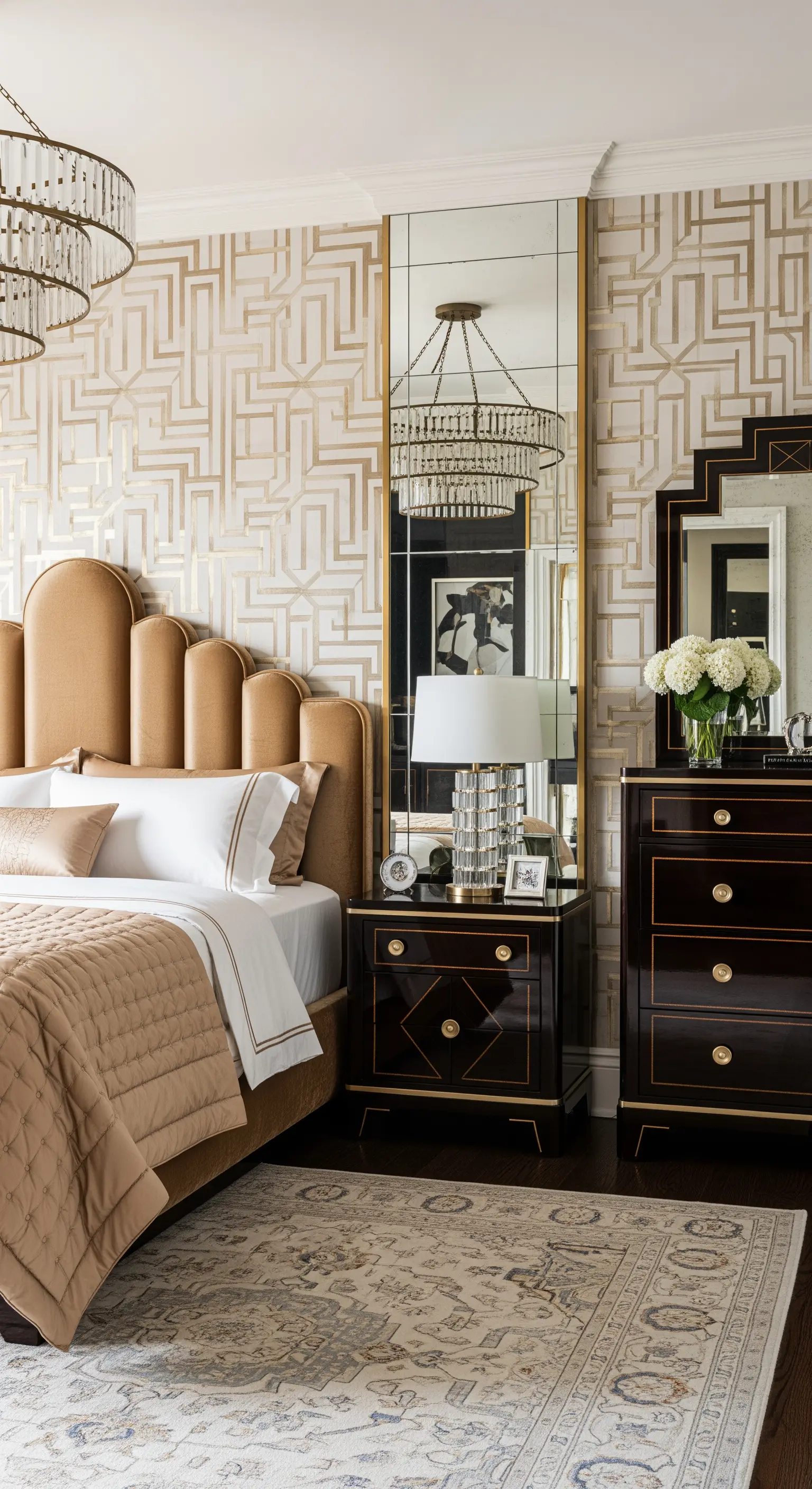 Art-Déco-Schlafzimmer mit gold-gemusterter Tapete und dunklen Holzmöbeln.