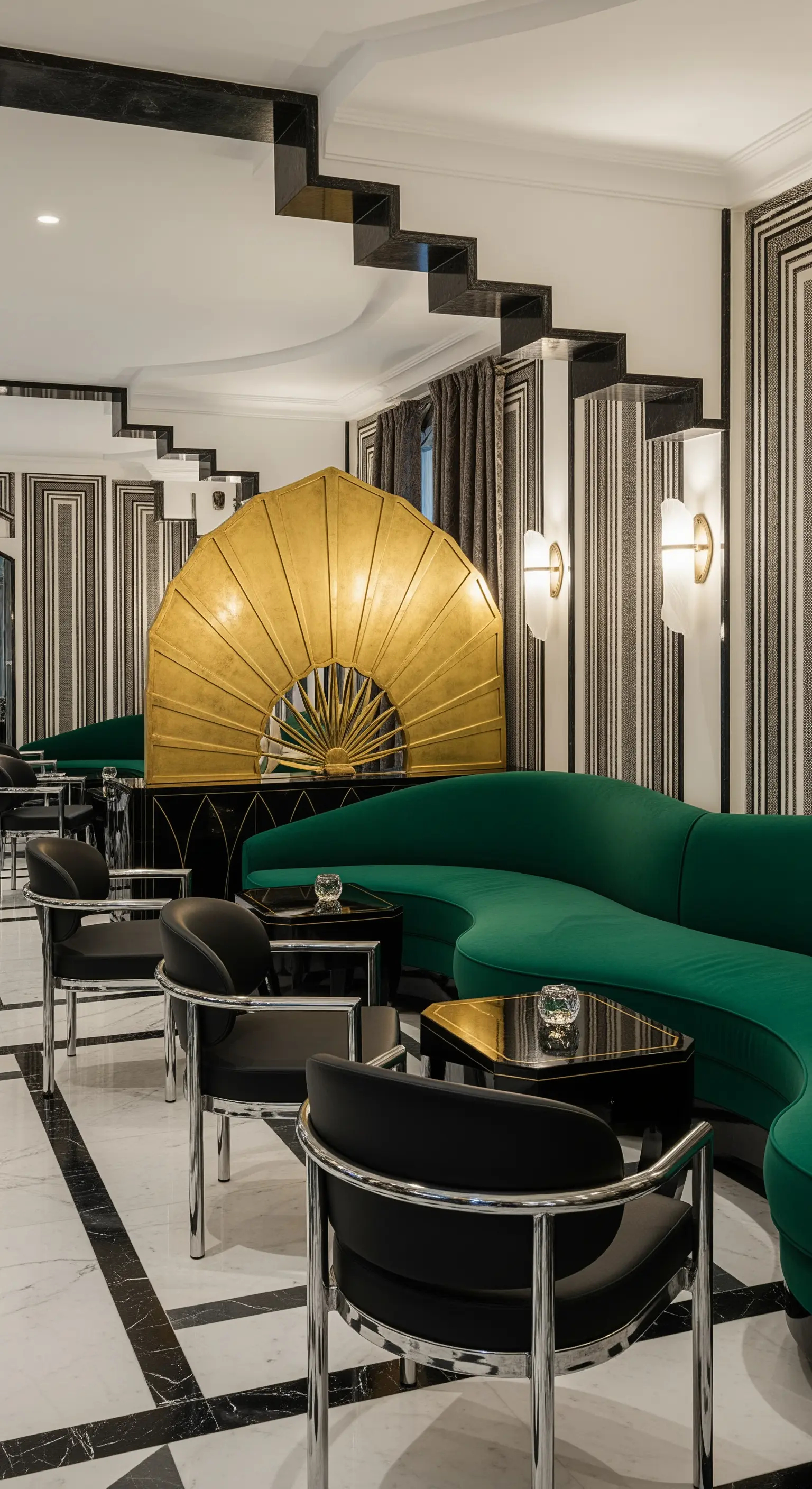 Art-Déco-Lounge mit grünem Samtsofa, Goldakzenten und geometrischen Mustern.