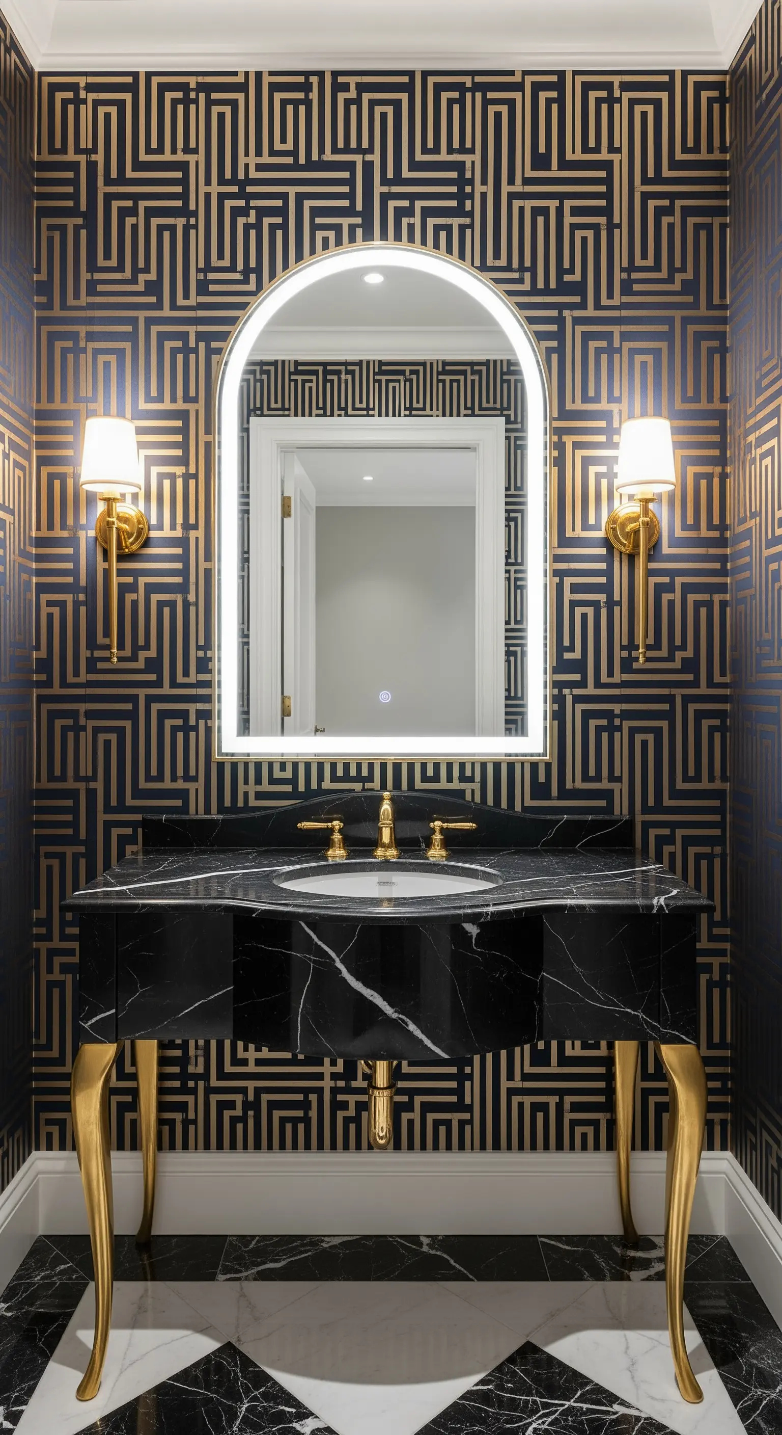 Bogenförmiger LED-Spiegel vor einer Art-Déco-Tapete mit Gold- und Marineblau-Mustern.
