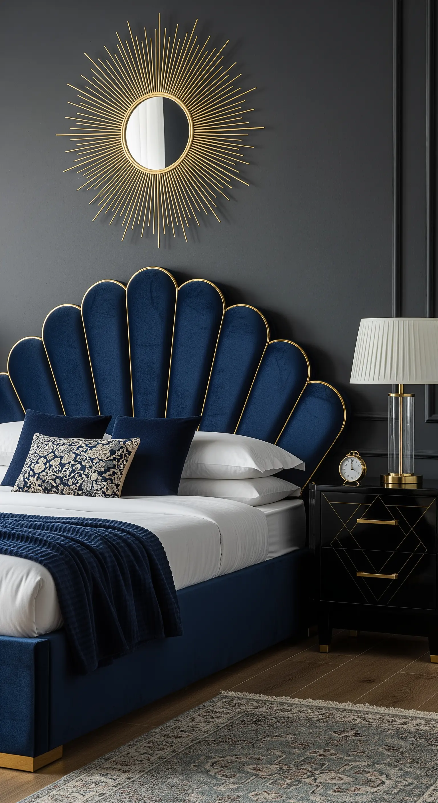 Art-déco-Bett in Marineblau mit Muschelkopfteil und goldenem Spiegel