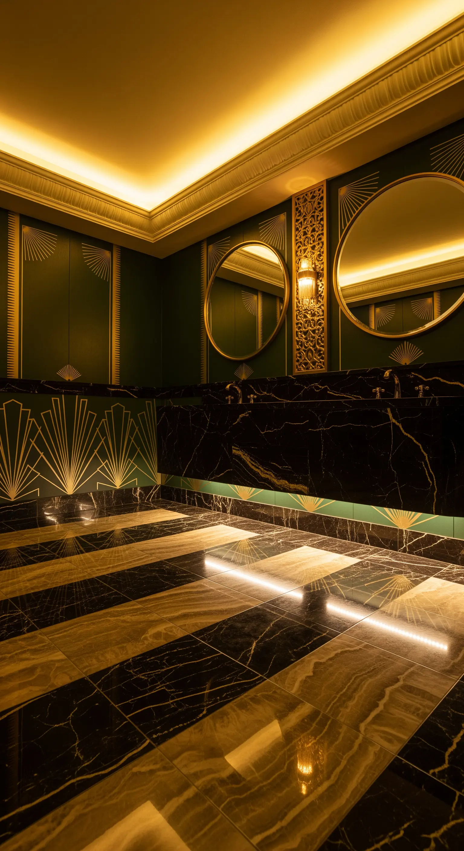Art-Deco-Badezimmer, Onyx-Boden, grüne Wände, Goldakzente