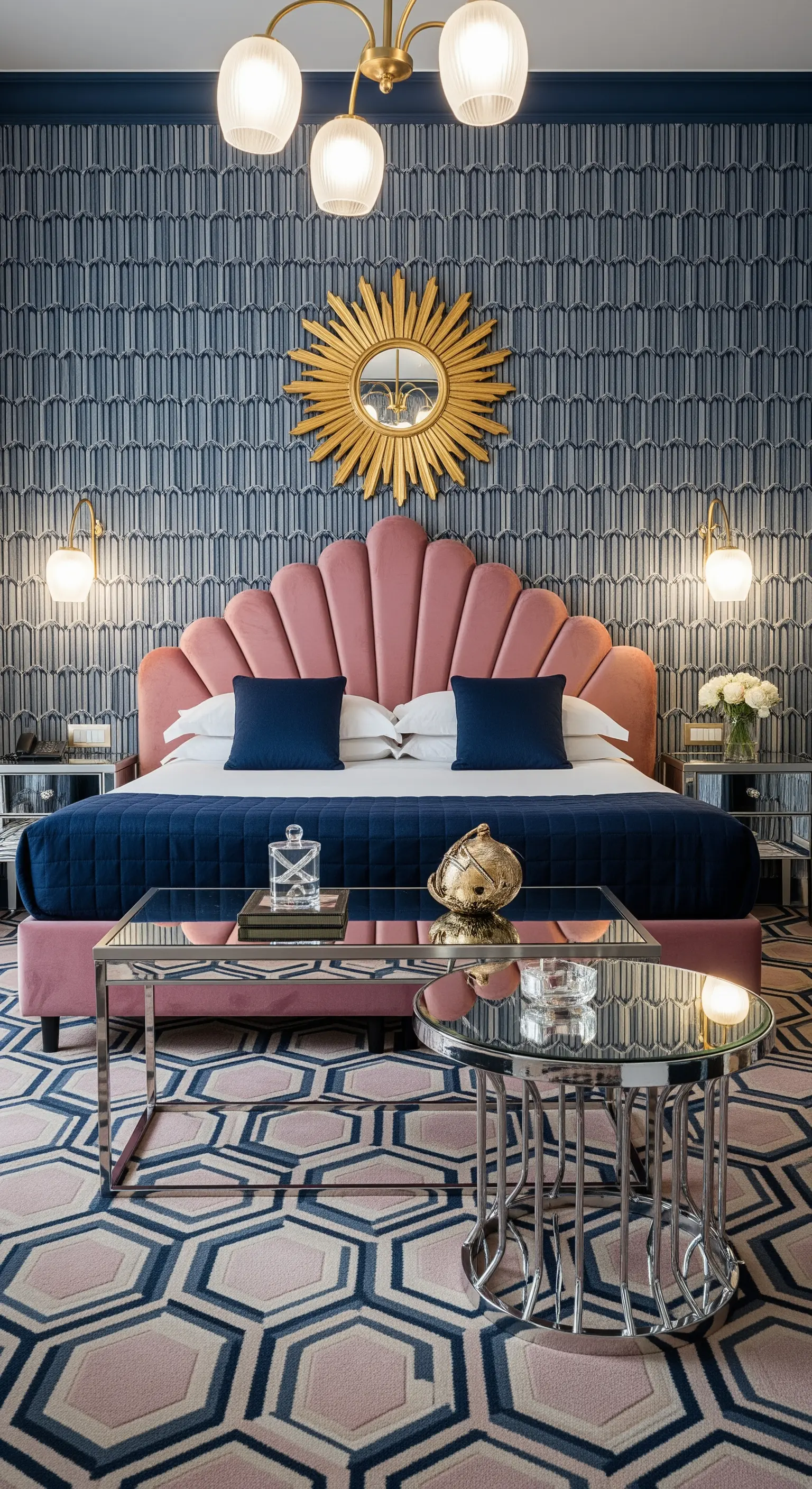 Art-Déco-Schlafzimmer mit rosa Samt-Kopfteil und geometrischem Teppich.