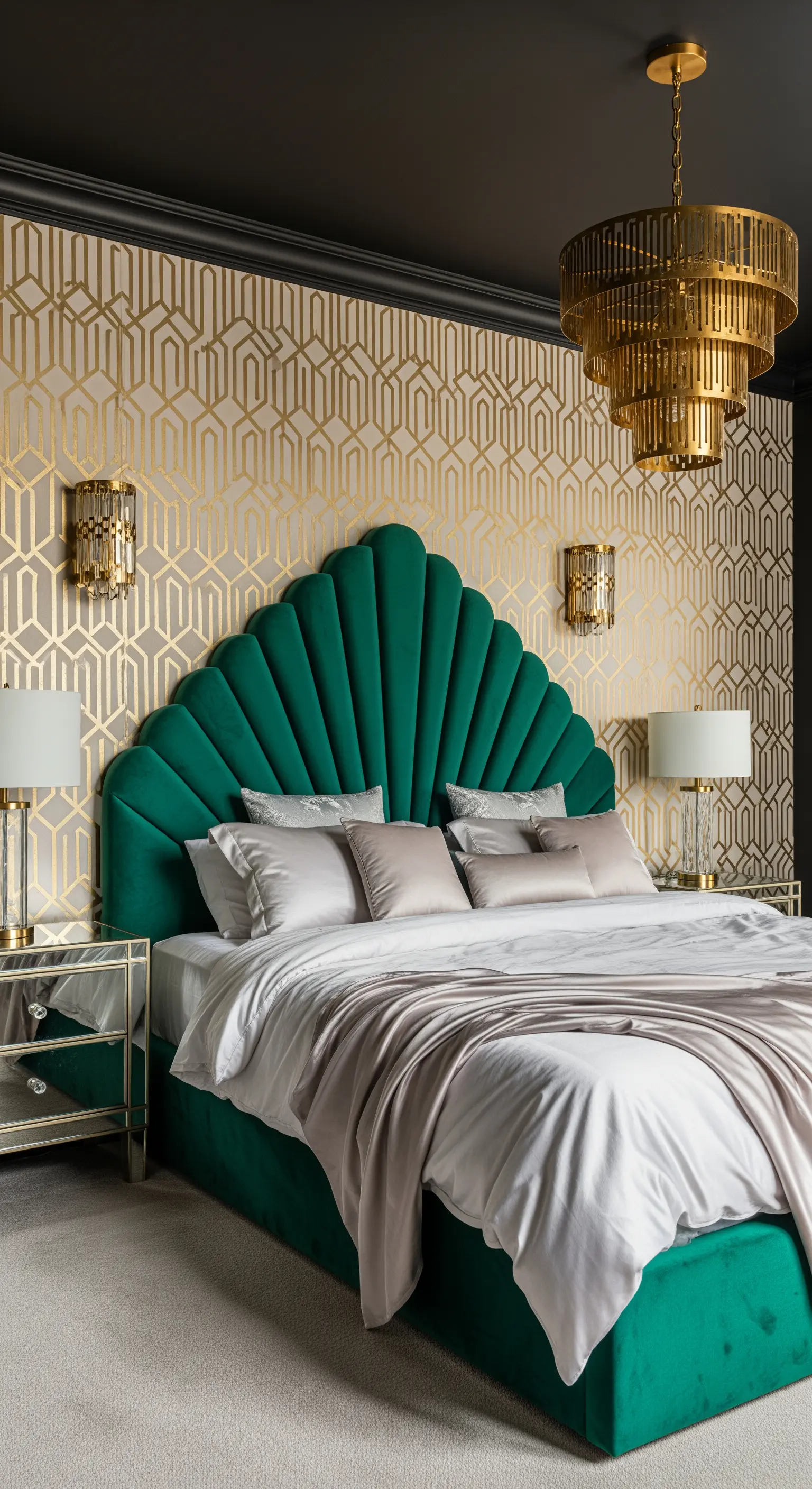 Art-déco-Schlafzimmer mit smaragdgrünem Samtbett, goldener Mustertapete und Messinglampen.