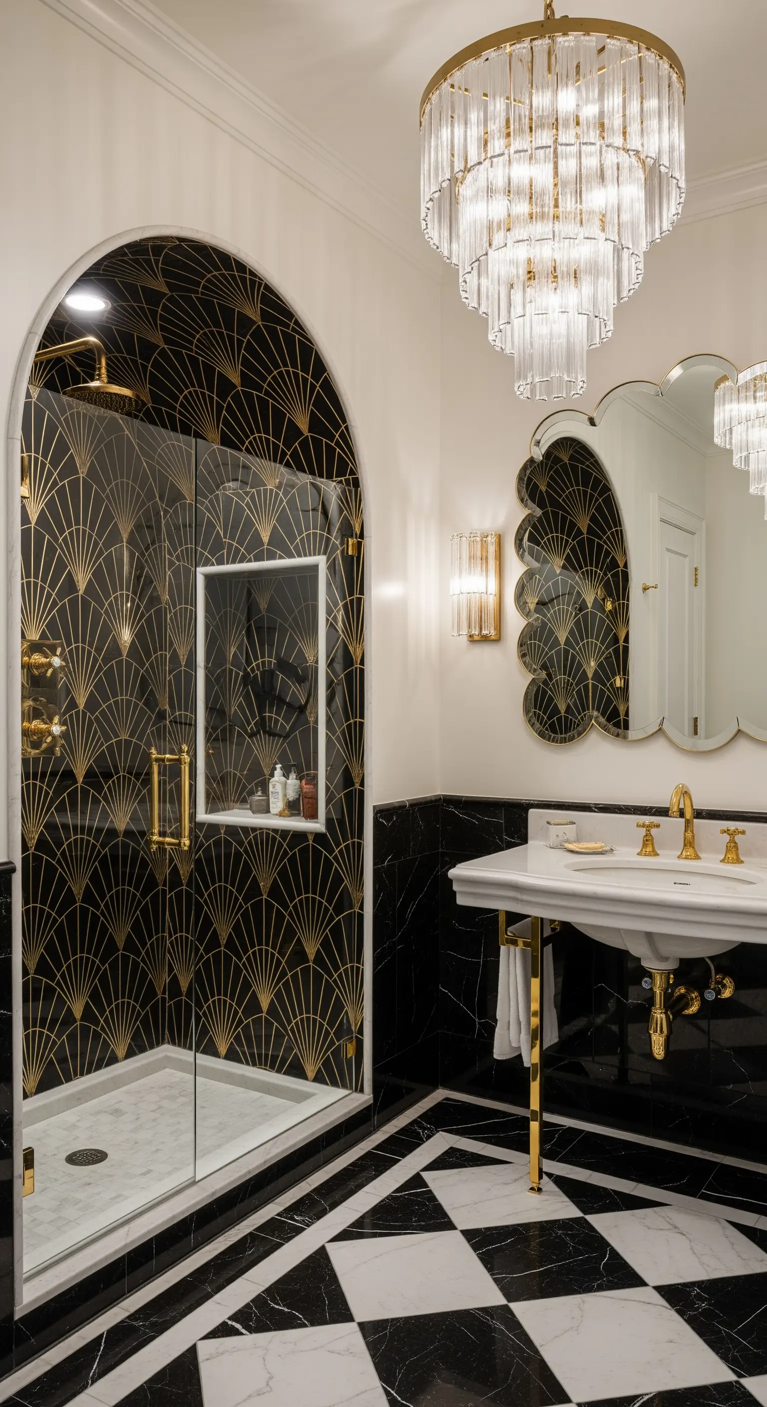 Art-Déco-Dusche mit gold-schwarzen Musterfliesen und einem Kristall-Kronleuchter