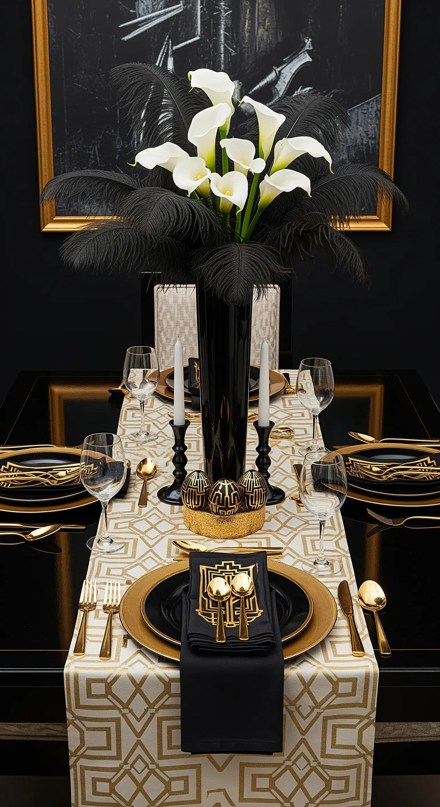 Glamouröse Art-Déco-Ostertafel in Schwarz und Gold mit Federn und Calla-Lilien.