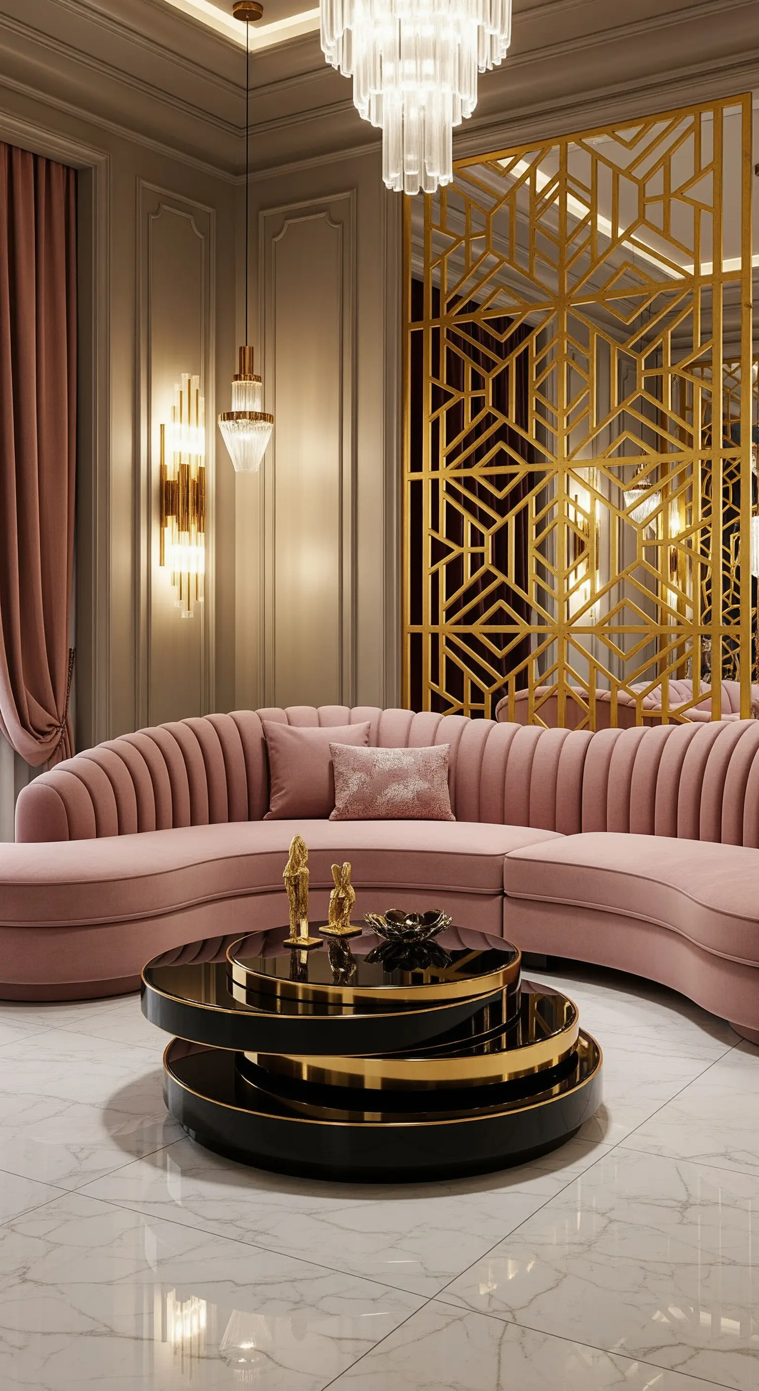 Geschwungenes, rosafarbenes Samtsofa in einem luxuriösen Raum mit goldenem Raumteiler und Marmorboden.
