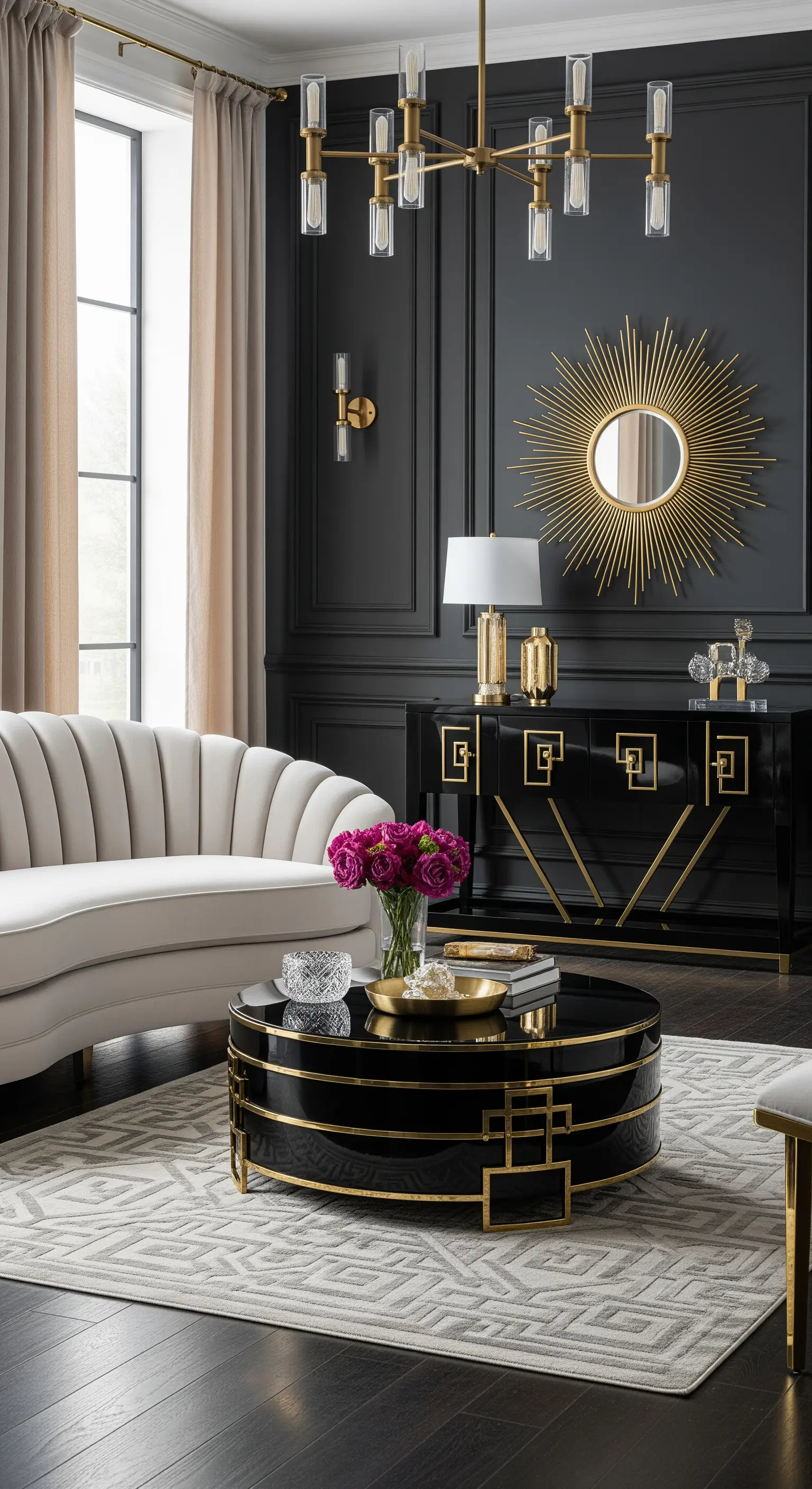 Schwarze Hochglanzmöbel mit goldenen geometrischen Details und einem Sonnenstrahlspiegel im Art-Déco-Stil.